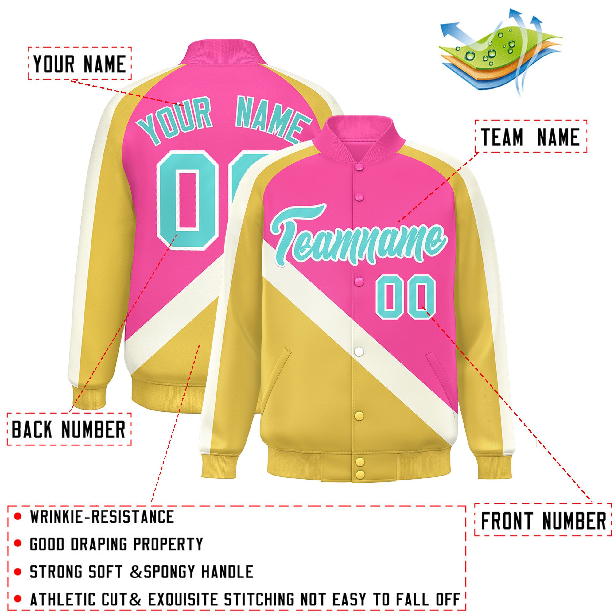 Custom Pink Khaki Raglan Sleeves Varsity Full-Snap Letterman Baseball Jacket