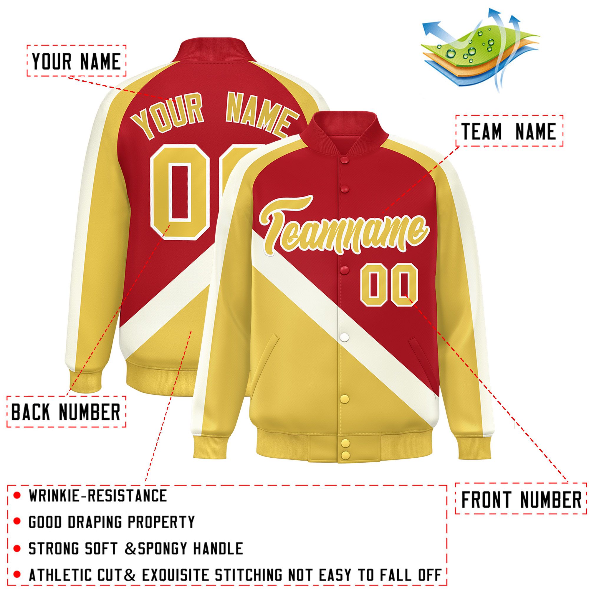 Custom Red Khaki Raglan Sleeves Varsity Full-Snap Letterman Baseball Jacket