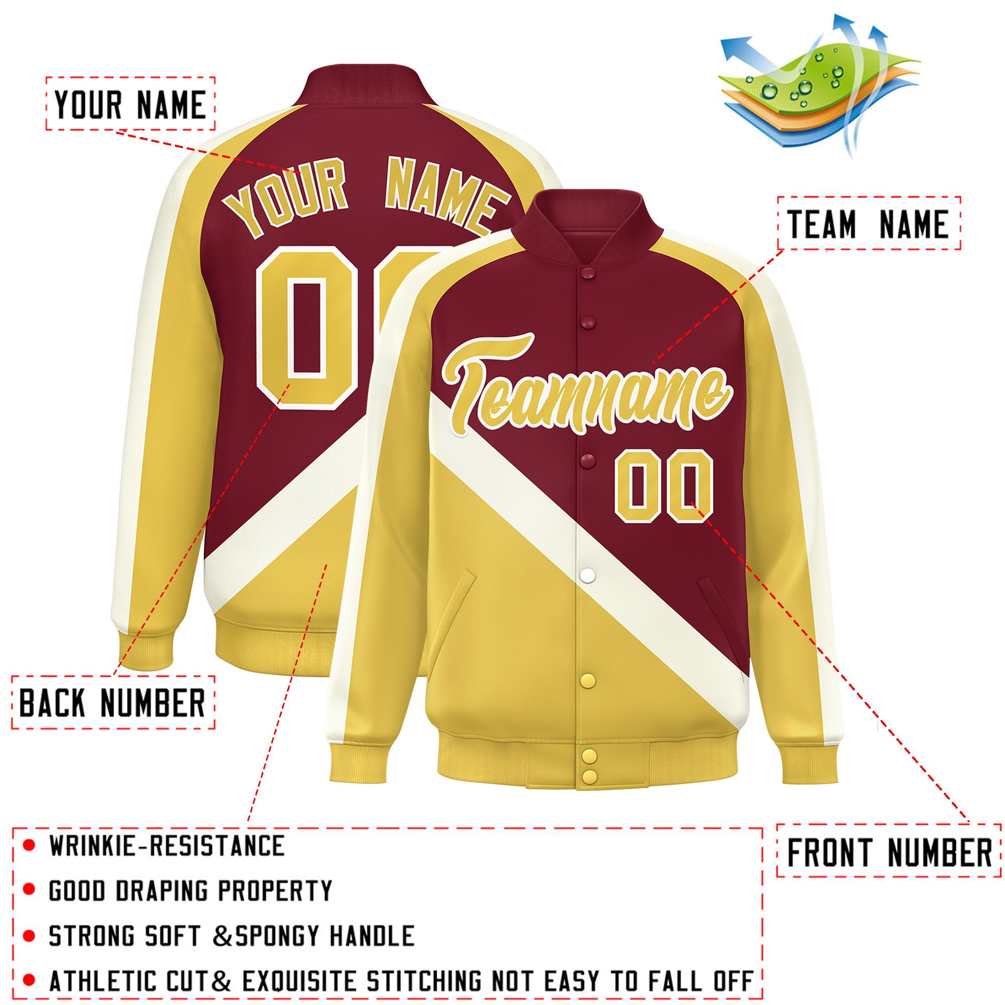 Custom Crimson Khaki Raglan Sleeves Varsity Full-Snap Letterman Baseball Jacket