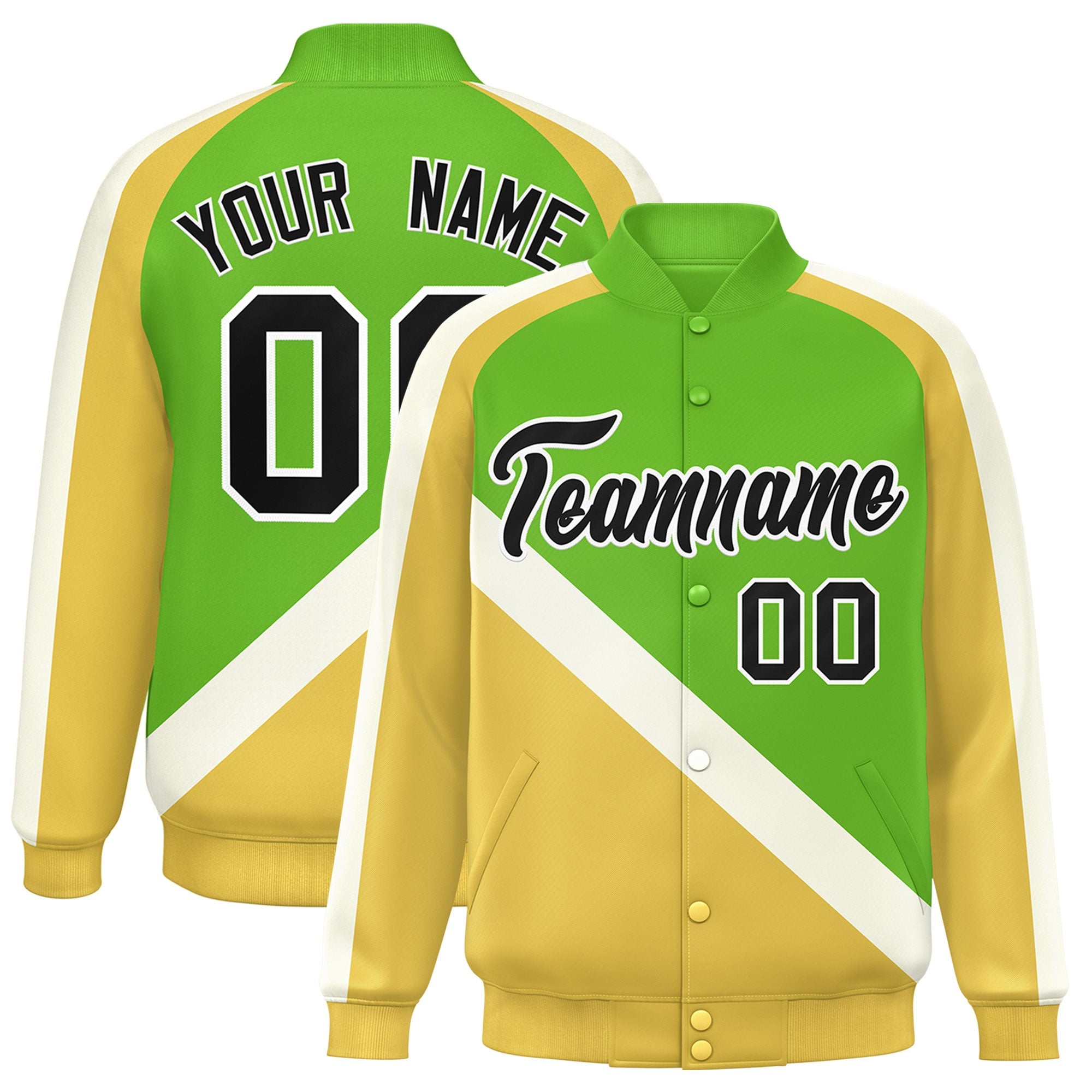 Custom Green Khaki Raglan Sleeves Varsity Full-Snap Letterman Baseball Jacket