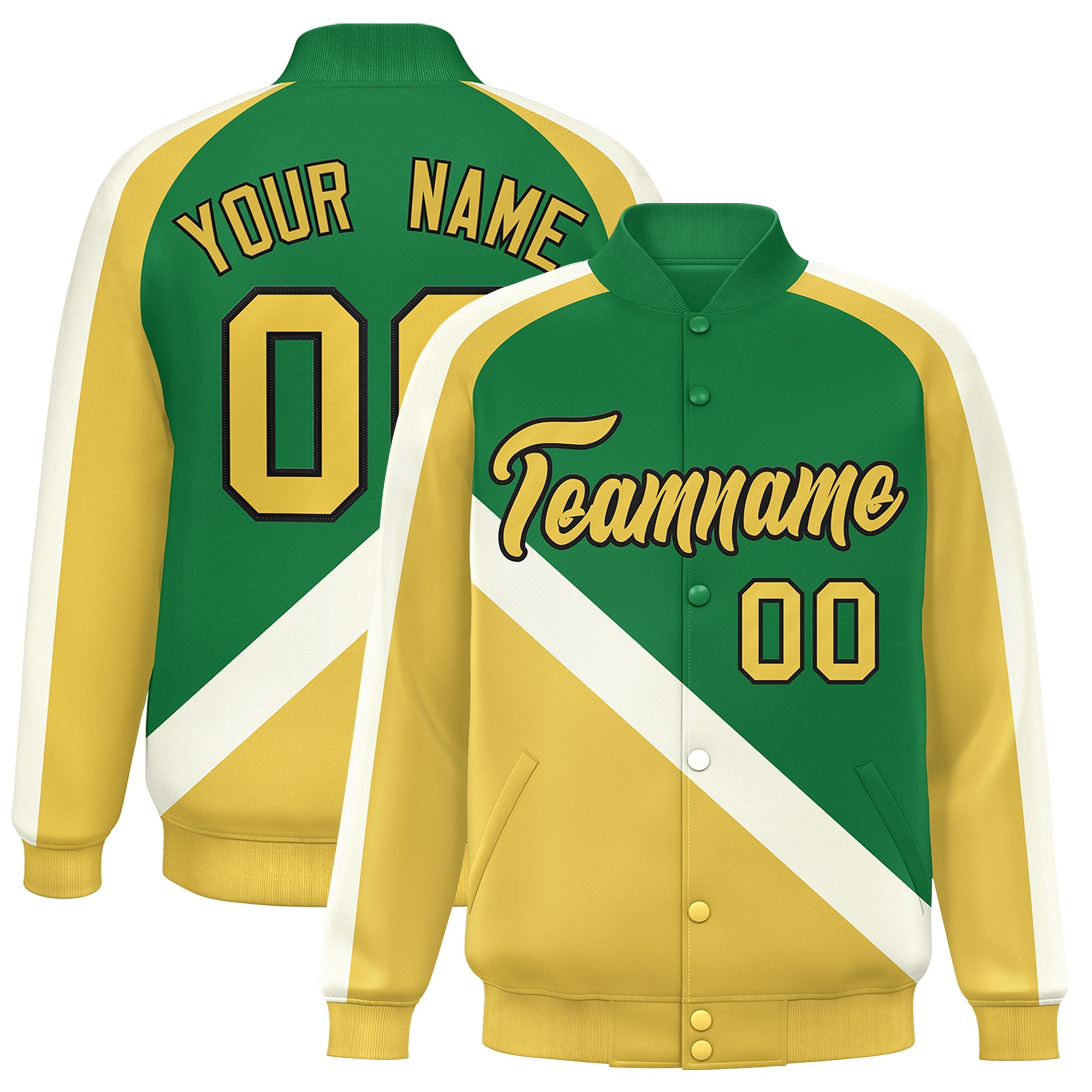 Custom Kelly Green Khaki Raglan Sleeves Varsity Full-Snap Letterman Baseball Jacket