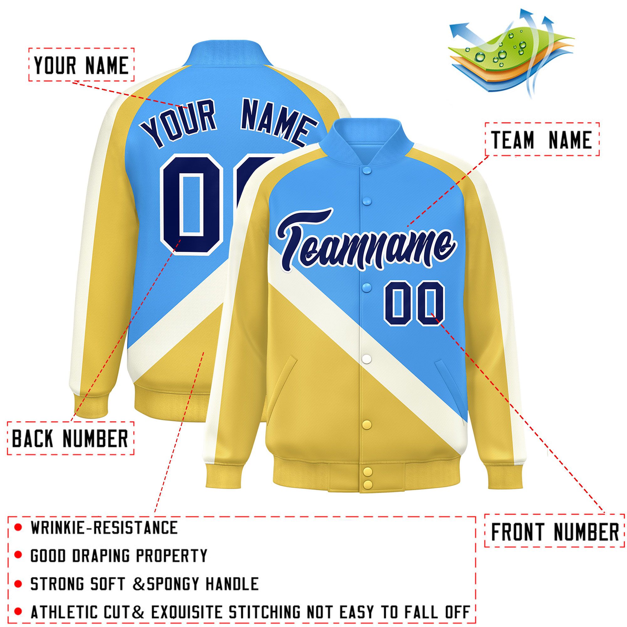 Custom Powder Blue Khaki Raglan Sleeves Varsity Full-Snap Letterman Baseball Jacket