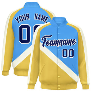 Custom Powder Blue Khaki Raglan Sleeves Varsity Full-Snap Letterman Baseball Jacket