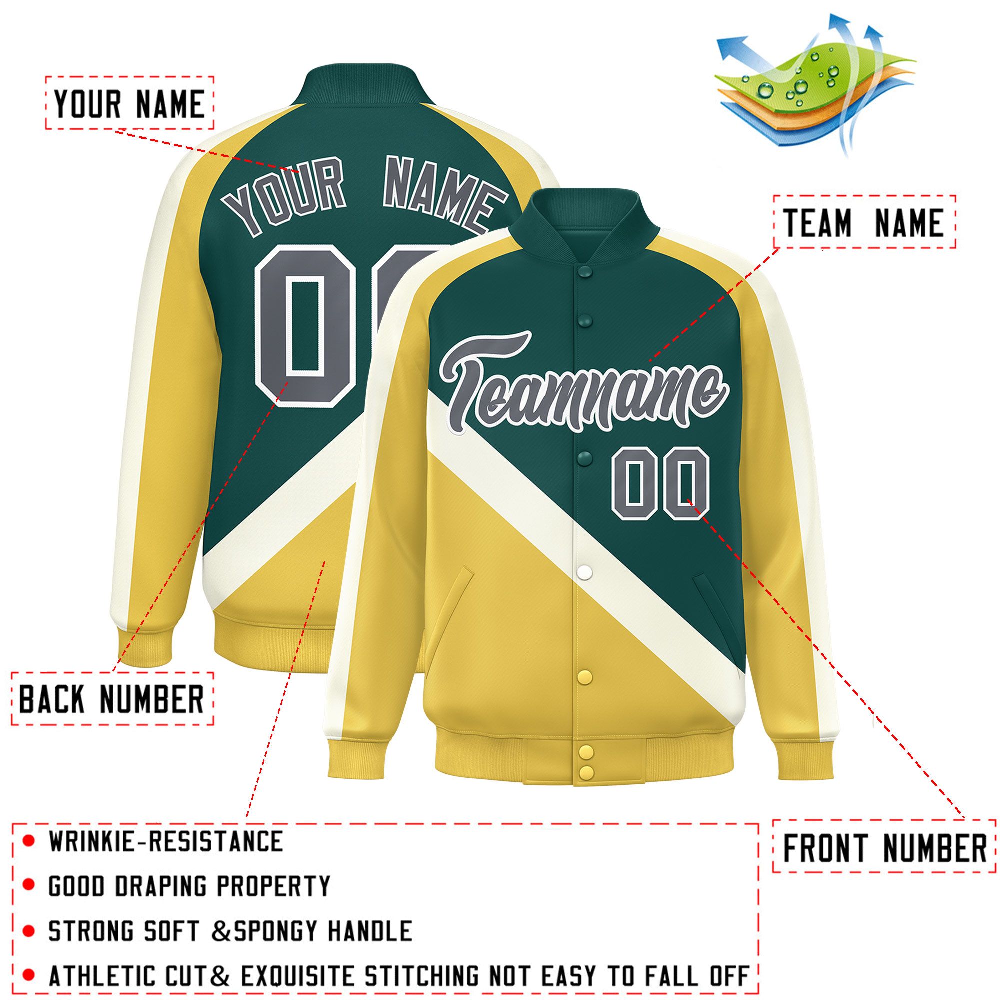 Custom Midnight Green Khaki Raglan Sleeves Varsity Full-Snap Letterman Baseball Jacket