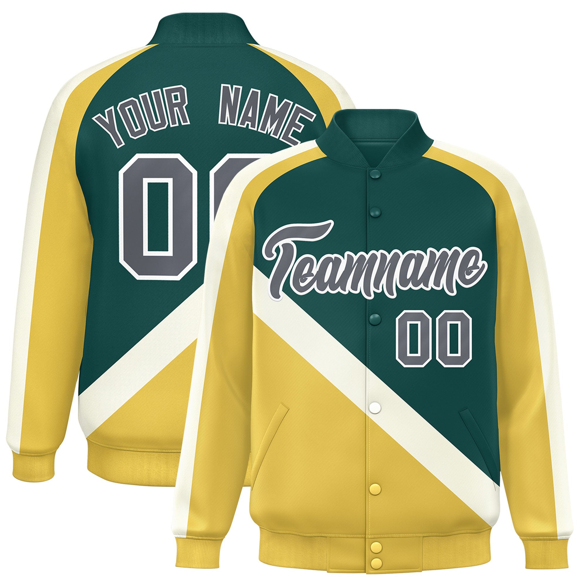 Custom Midnight Green Khaki Raglan Sleeves Varsity Full-Snap Letterman Baseball Jacket