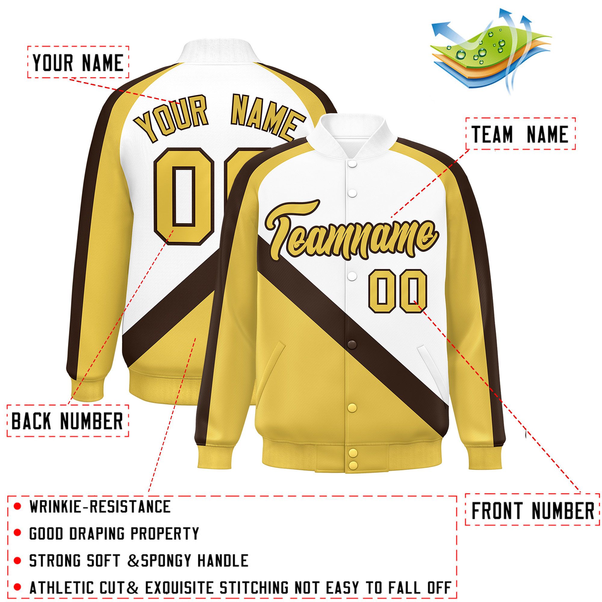 Custom White Khaki Raglan Sleeves Varsity Full-Snap Letterman Baseball Jacket