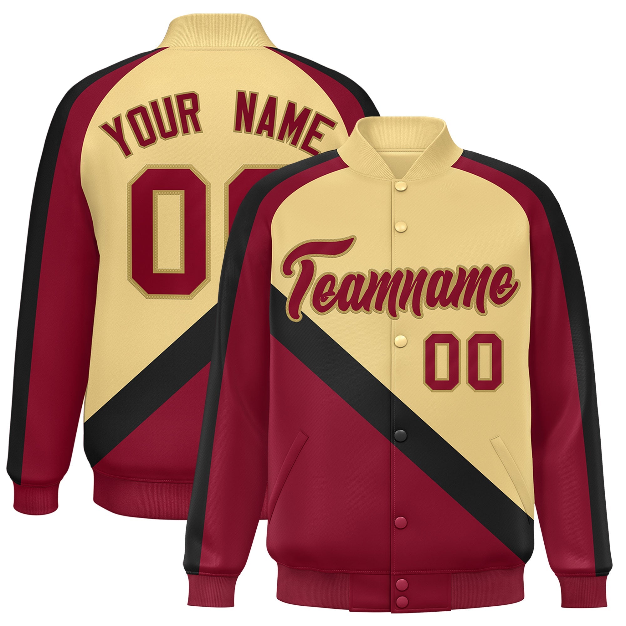 Custom Khaki Crimson Raglan Sleeves Varsity Full-Snap Letterman Baseball Jacket