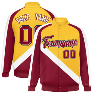 Custom Gold Crimson Raglan Sleeves Varsity Full-Snap Letterman Baseball Jacket