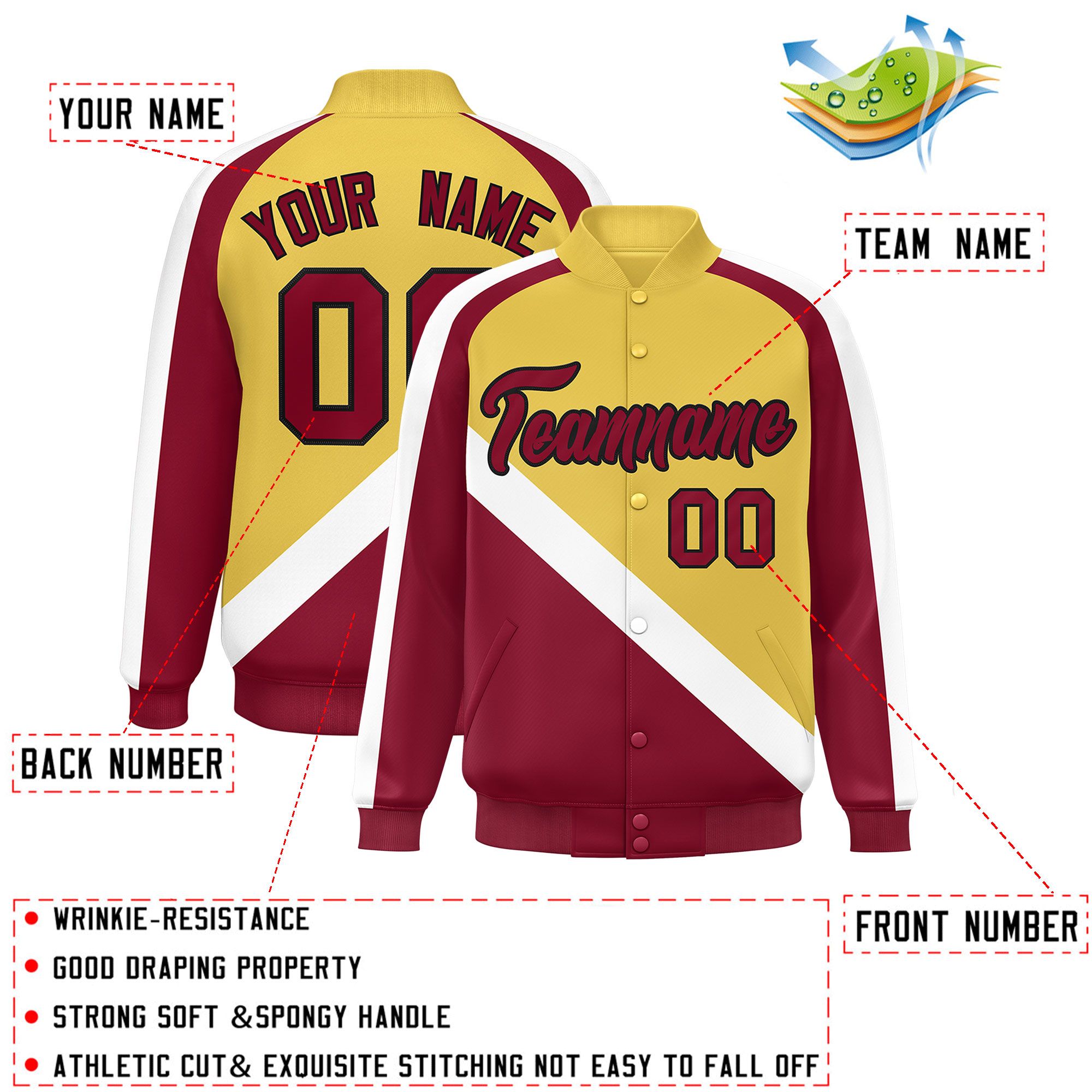 Custom Old Gold Crimson Raglan Sleeves Varsity Full-Snap Letterman Baseball Jacket