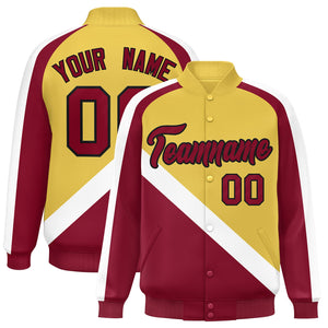 Custom Old Gold Crimson Raglan Sleeves Varsity Full-Snap Letterman Baseball Jacket