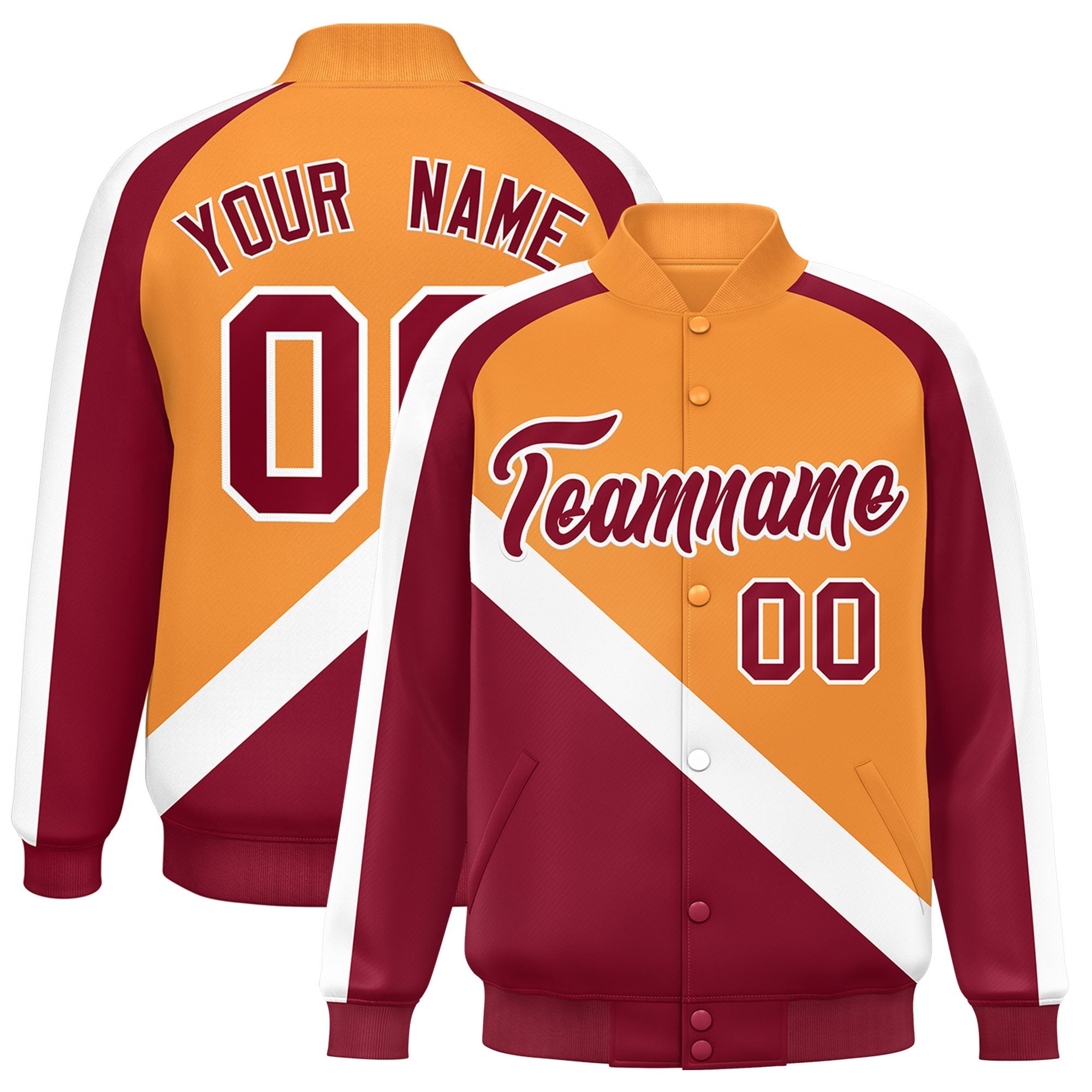 Custom Orange Crimson Raglan Sleeves Varsity Full-Snap Letterman Baseball Jacket