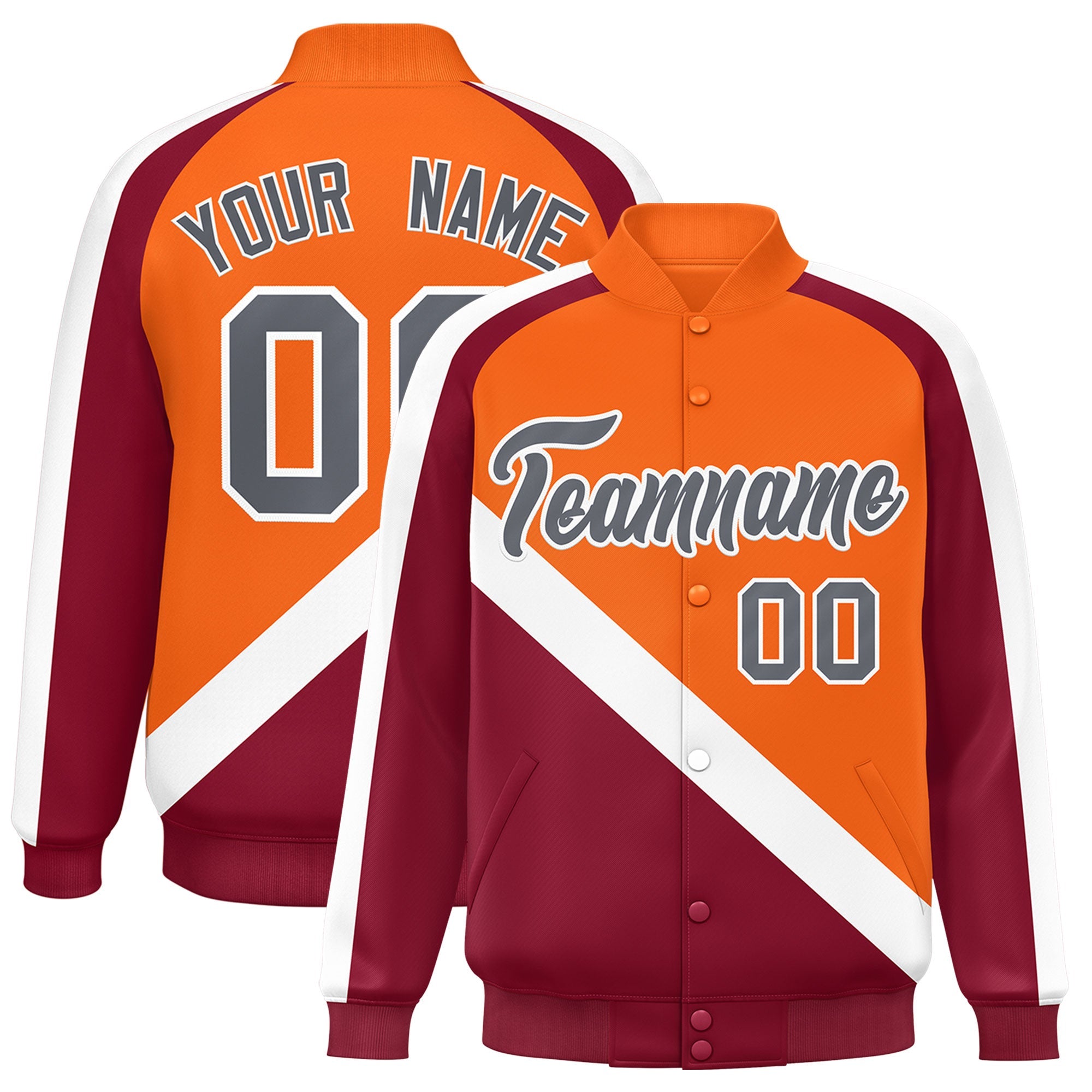 Custom Orange Crimson Raglan Sleeves Varsity Full-Snap Letterman Baseball Jacket