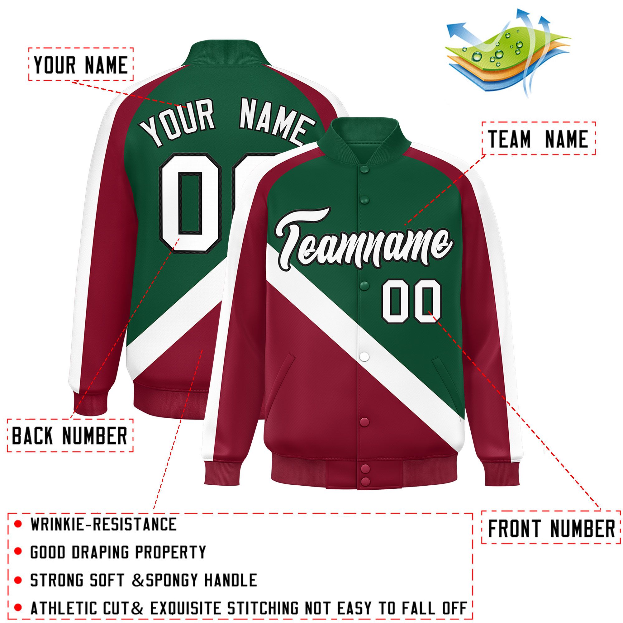 Custom Green Crimson Raglan Sleeves Varsity Full-Snap Letterman Baseball Jacket