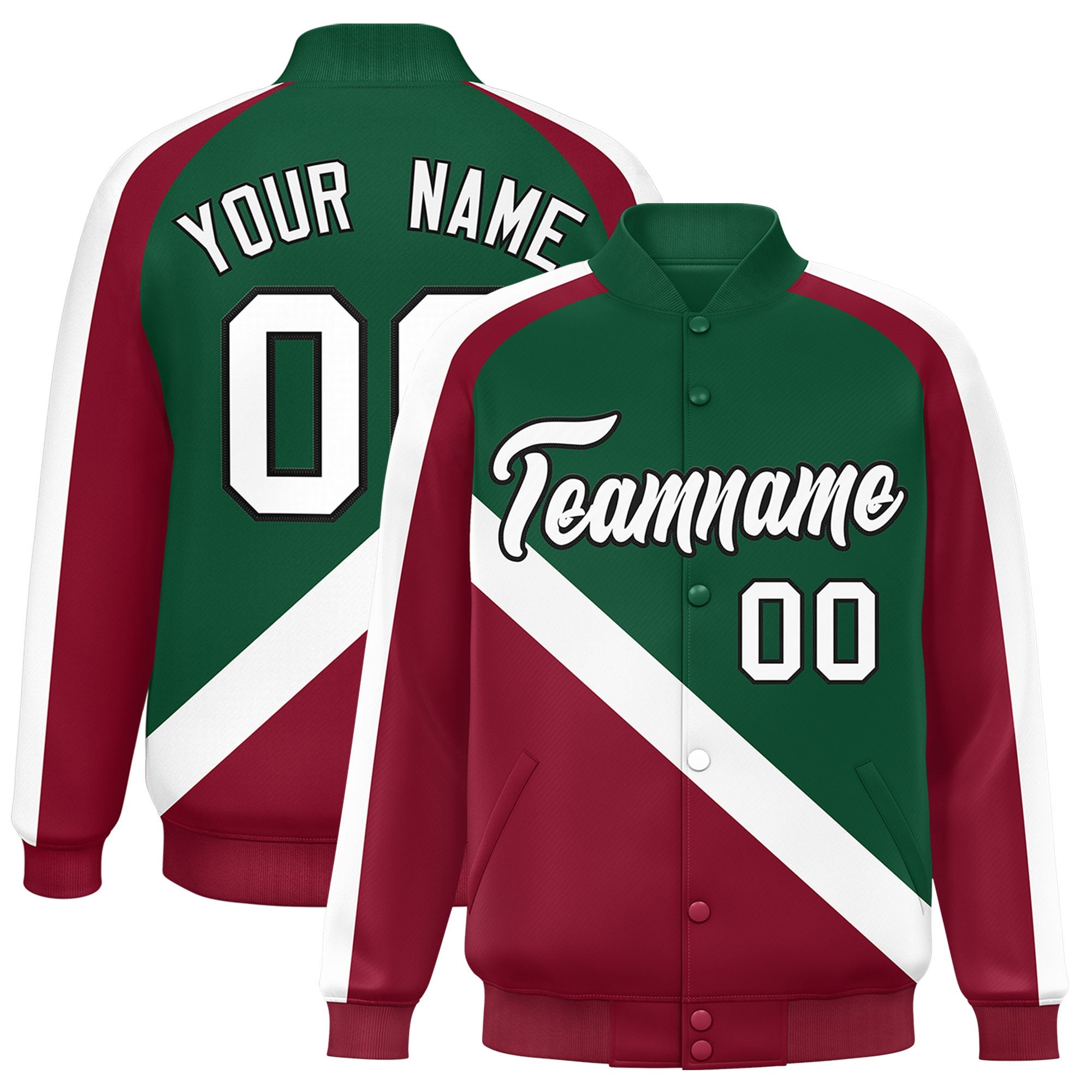 Custom Green Crimson Raglan Sleeves Varsity Full-Snap Letterman Baseball Jacket