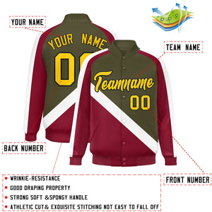 Custom Olive Crimson Raglan Sleeves Varsity Full-Snap Letterman Baseball Jacket