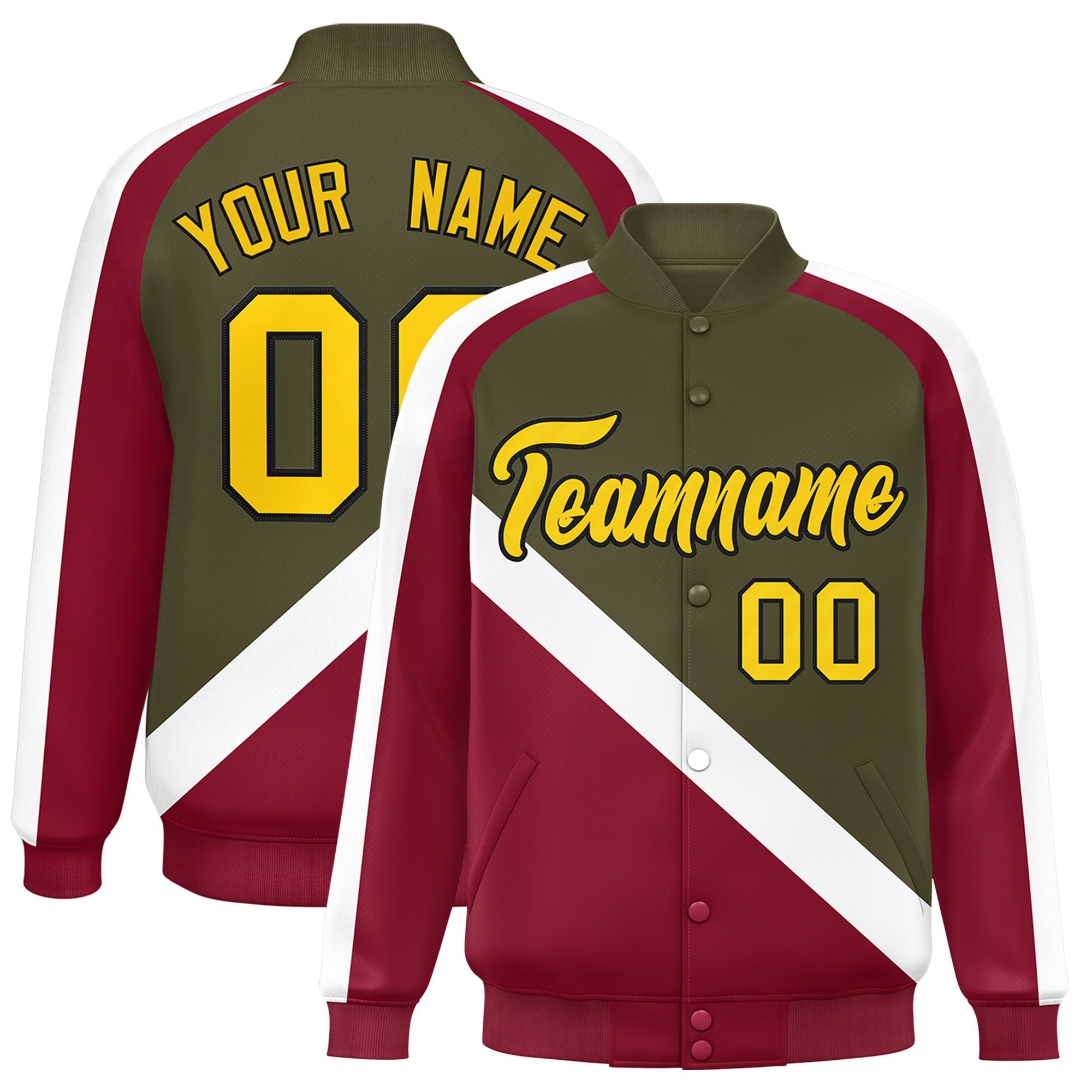 Custom Olive Crimson Raglan Sleeves Varsity Full-Snap Letterman Baseball Jacket