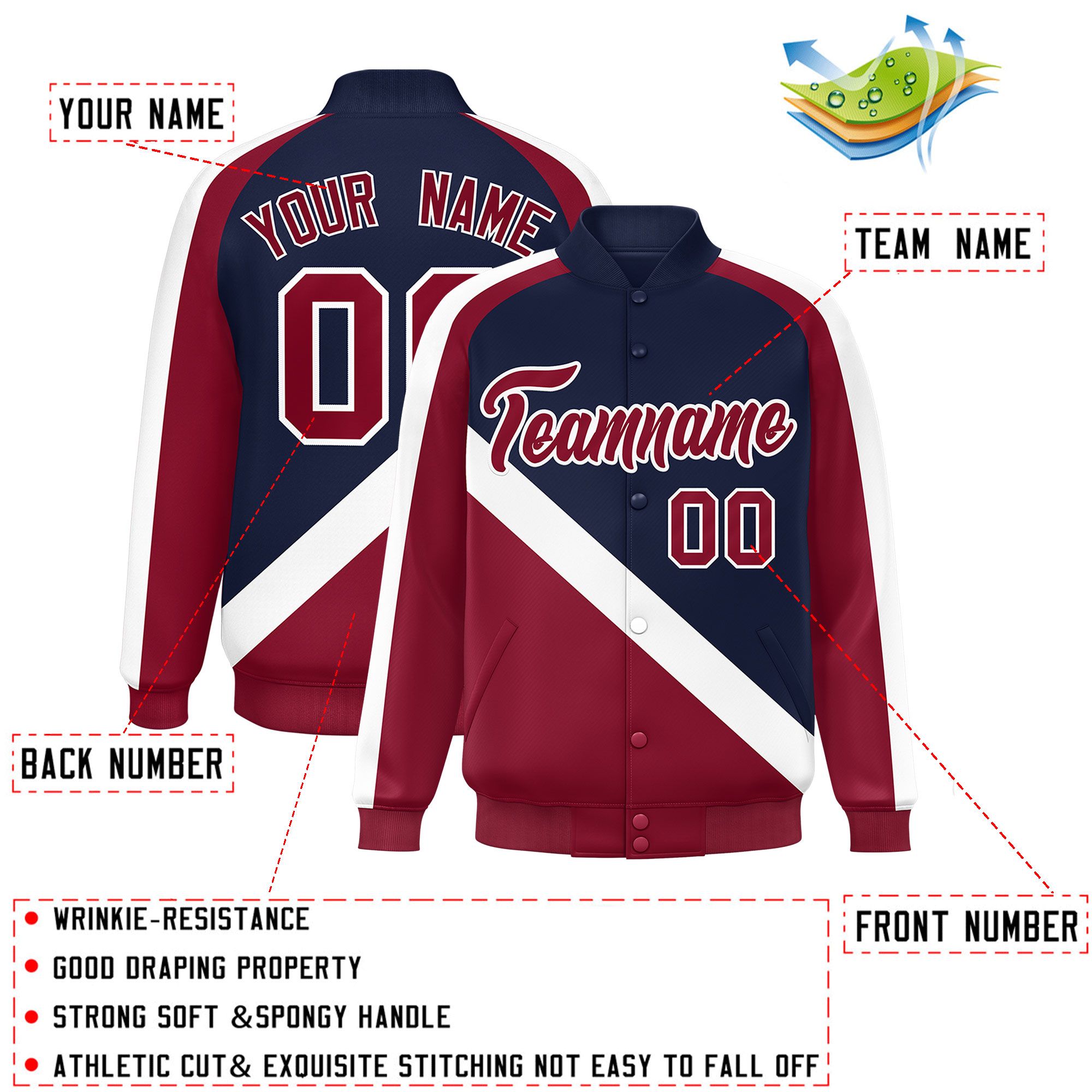 Custom Navy Crimson Raglan Sleeves Varsity Full-Snap Letterman Baseball Jacket