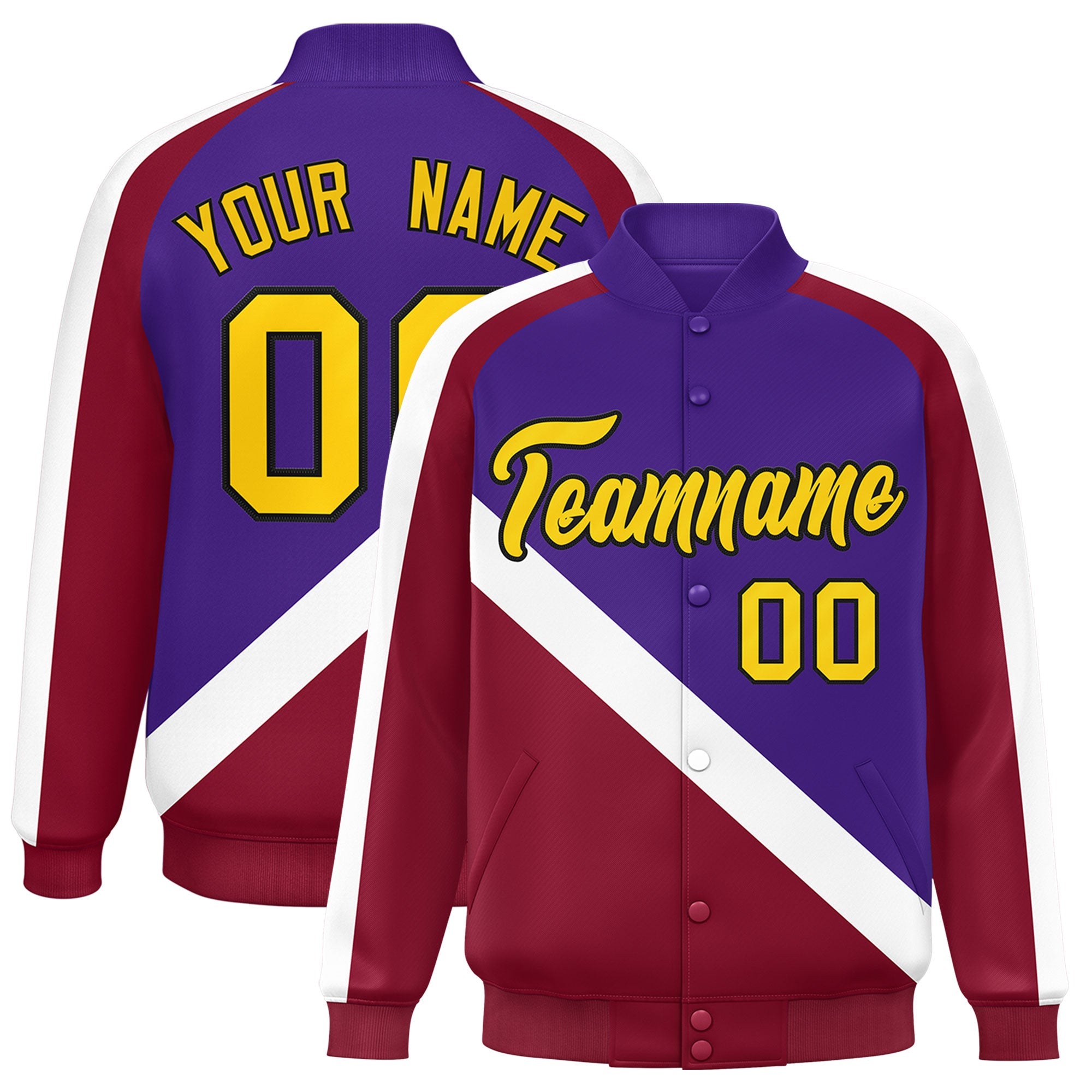 Custom Purple Crimson Raglan Sleeves Varsity Full-Snap Letterman Baseball Jacket