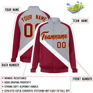 Custom Gray Crimson Raglan Sleeves Varsity Full-Snap Letterman Baseball Jacket