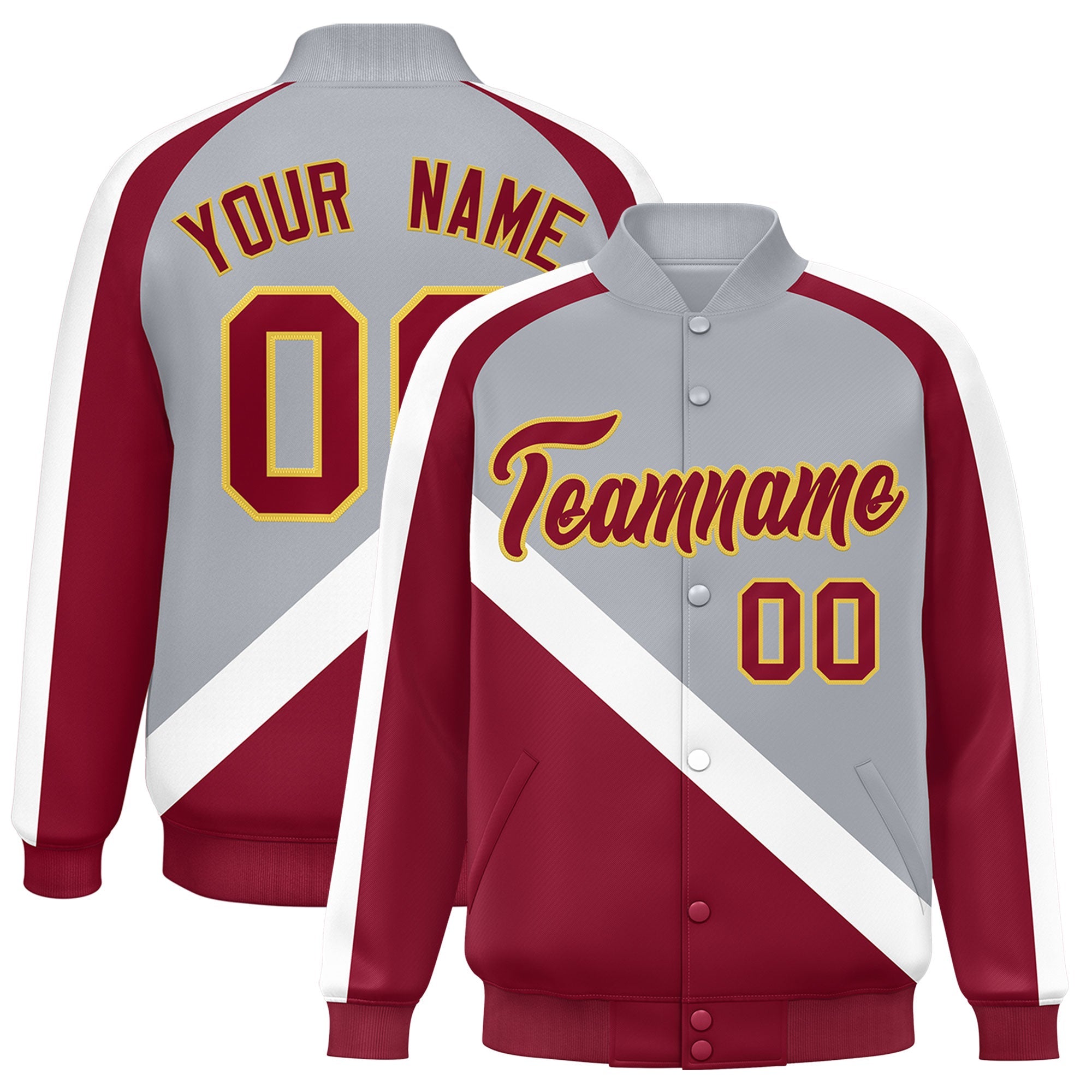 Custom Gray Crimson Raglan Sleeves Varsity Full-Snap Letterman Baseball Jacket