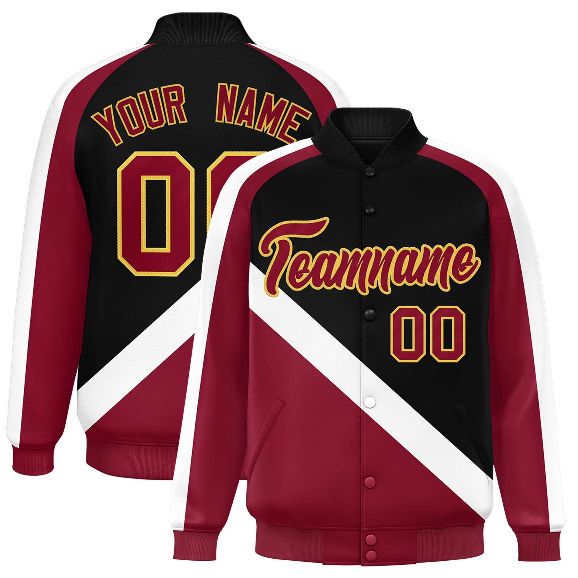 Custom Black Crimson Raglan Sleeves Varsity Full-Snap Letterman Baseball Jacket