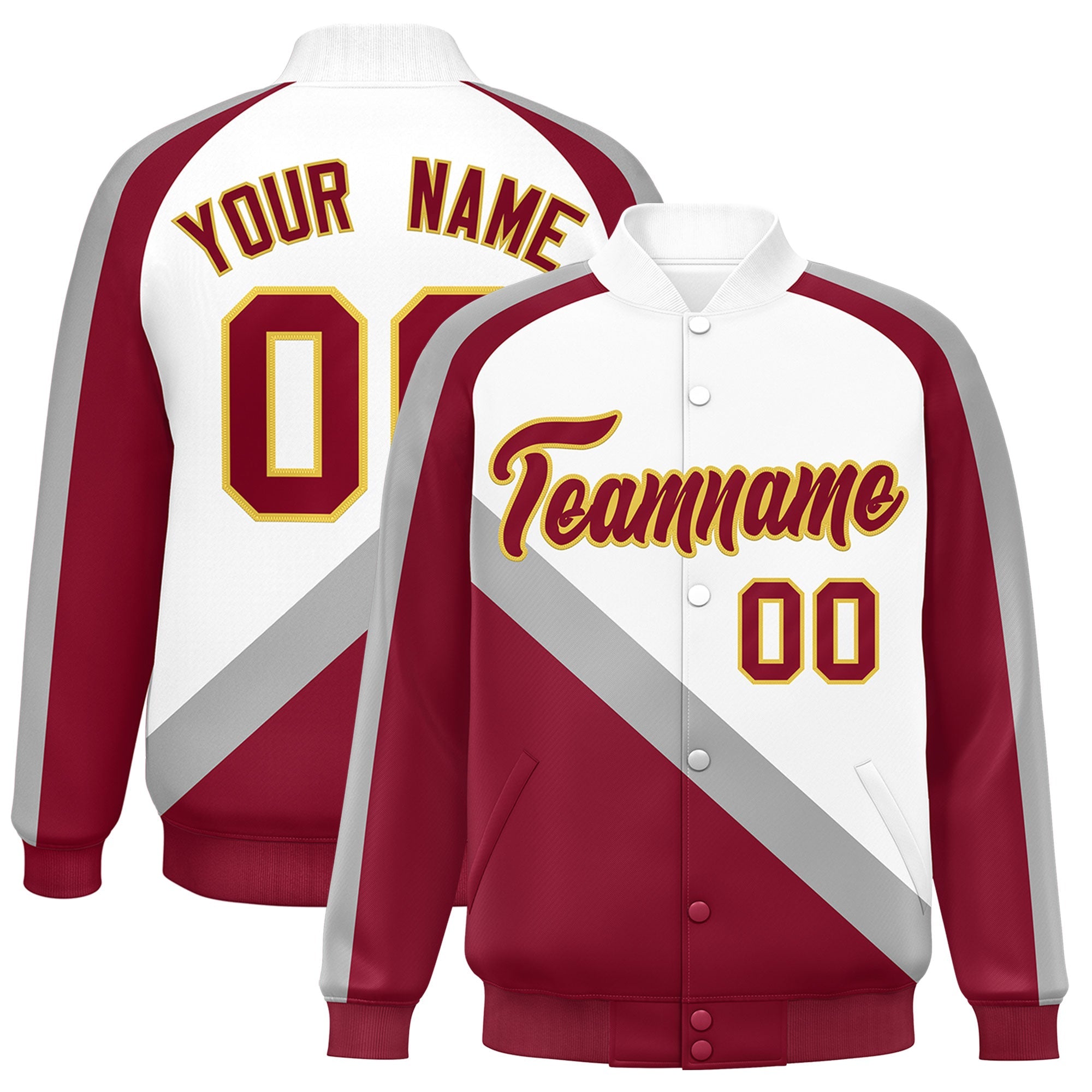 Custom White Crimson Raglan Sleeves Varsity Full-Snap Letterman Baseball Jacket