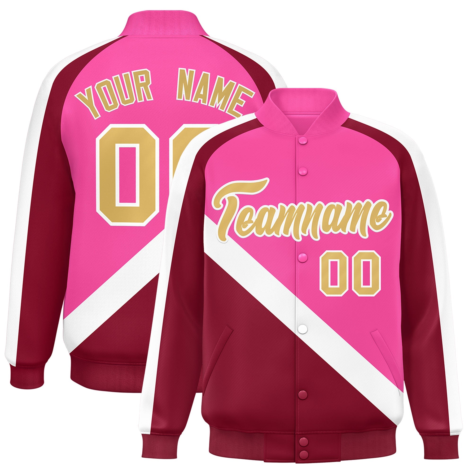 Custom Pink Crimson Raglan Sleeves Varsity Full-Snap Letterman Baseball Jacket