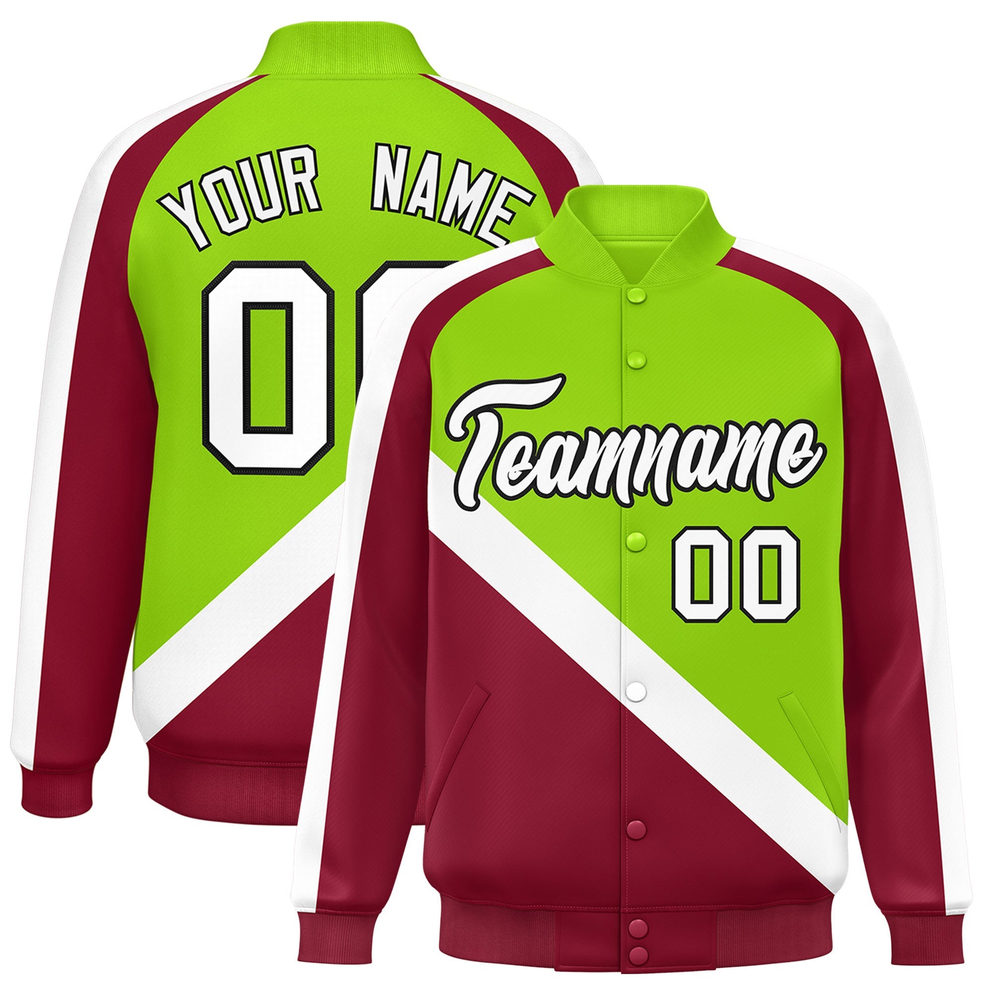 Custom Neon Green Crimson Raglan Sleeves Varsity Full-Snap Letterman Baseball Jacket