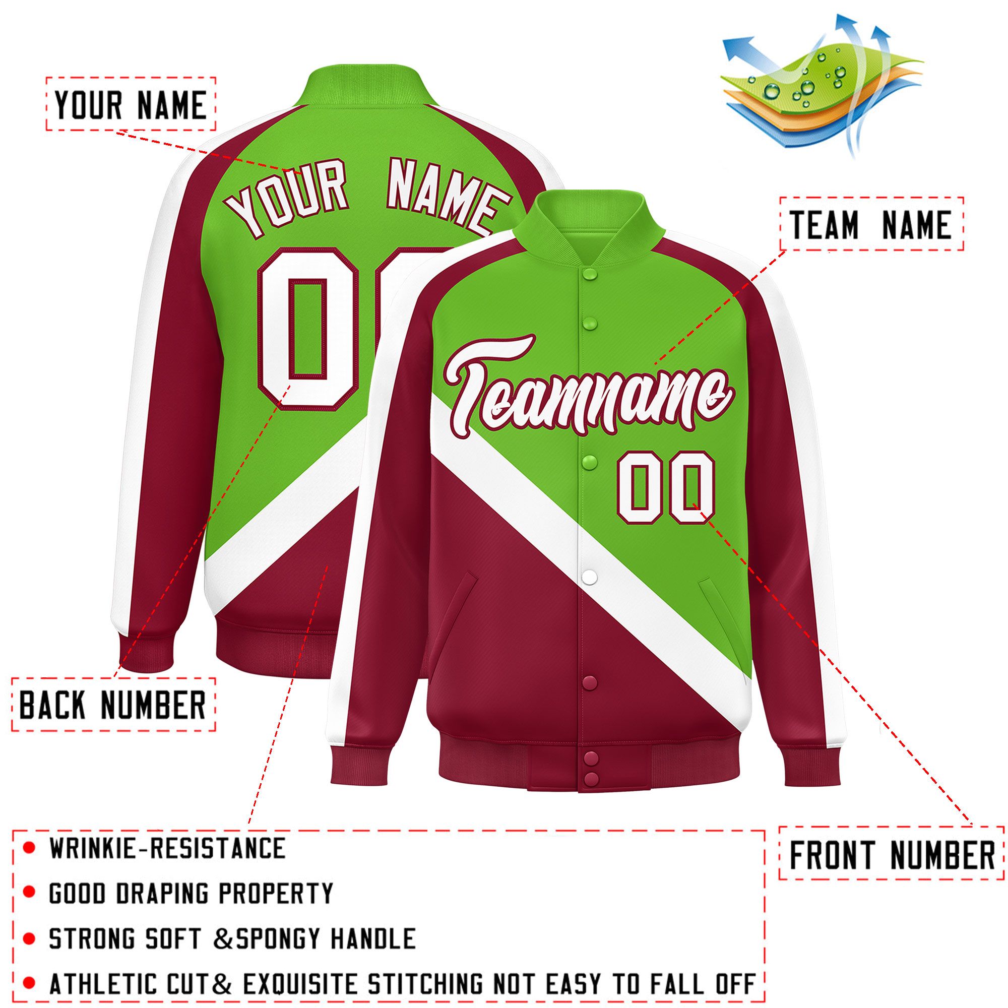 Custom Green Crimson Raglan Sleeves Varsity Full-Snap Letterman Baseball Jacket