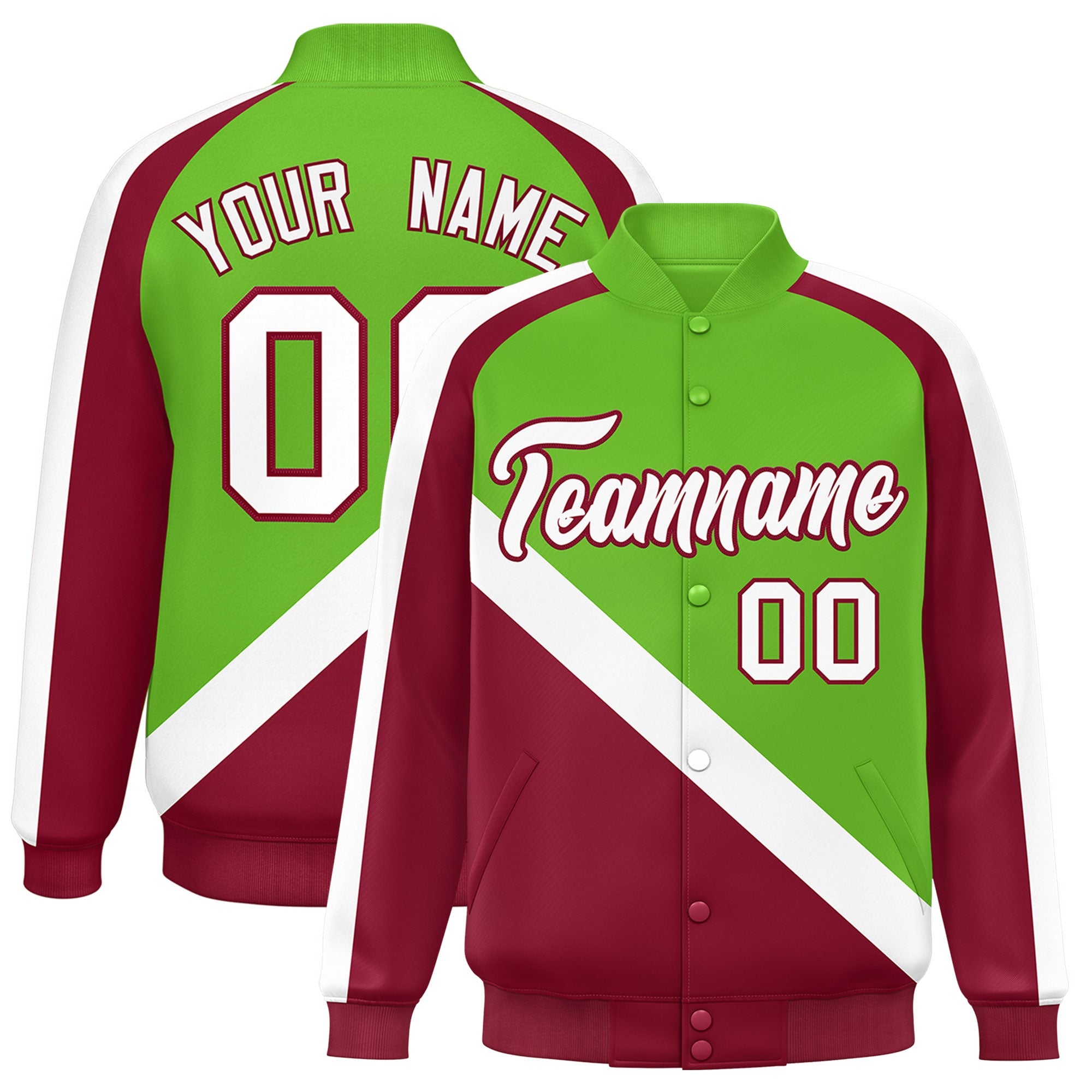 Custom Green Crimson Raglan Sleeves Varsity Full-Snap Letterman Baseball Jacket