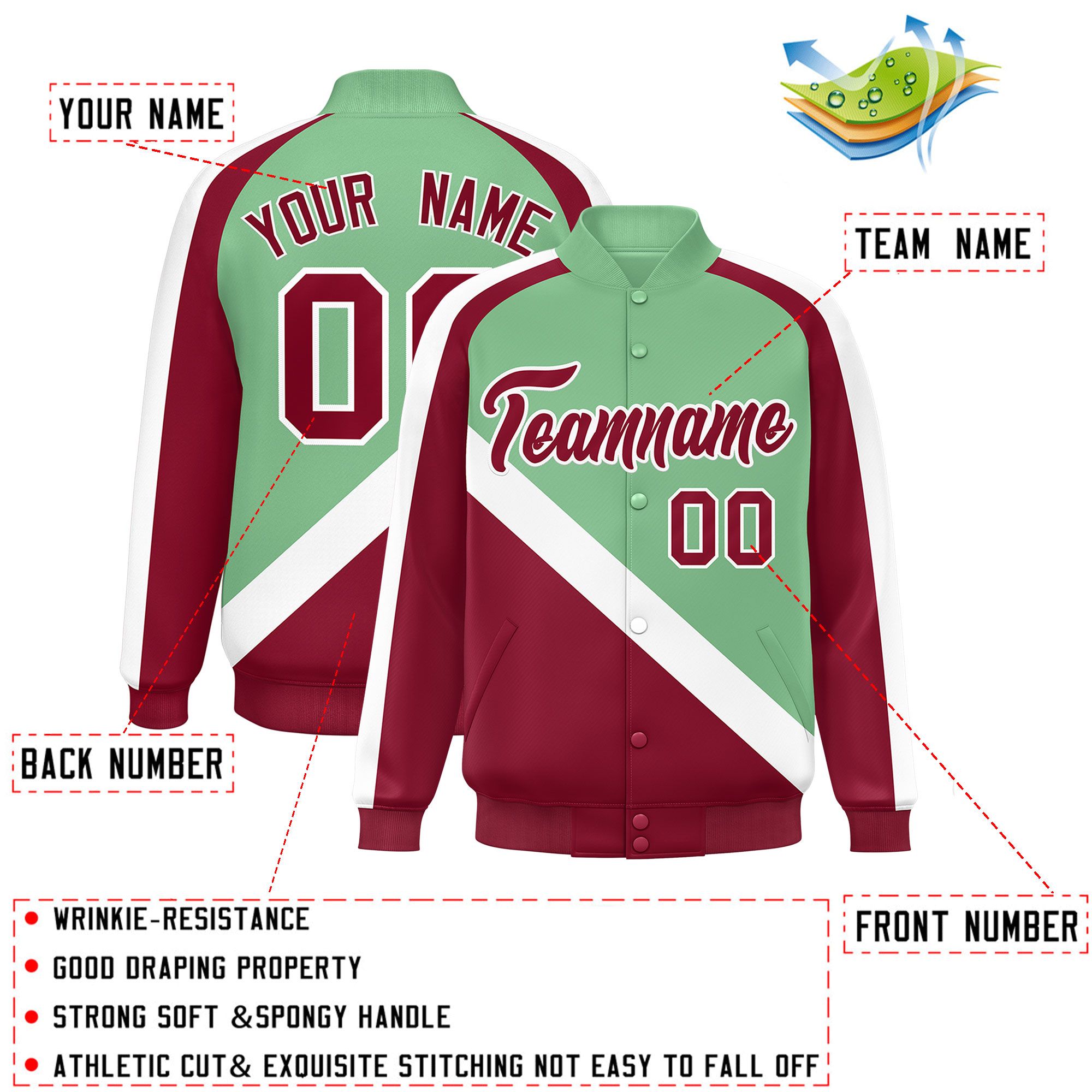 Custom Green Crimson Raglan Sleeves Varsity Full-Snap Letterman Baseball Jacket