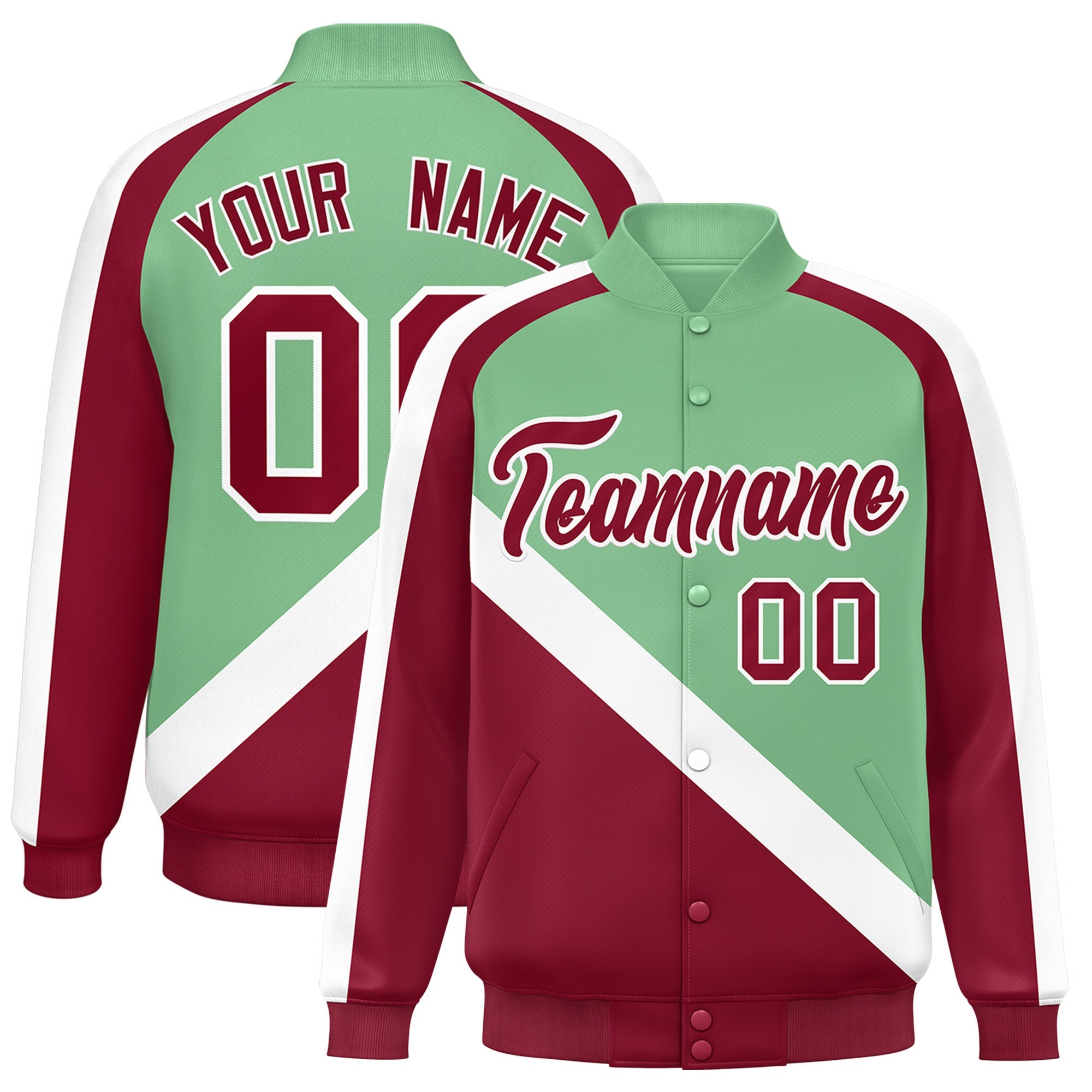 Custom Green Crimson Raglan Sleeves Varsity Full-Snap Letterman Baseball Jacket