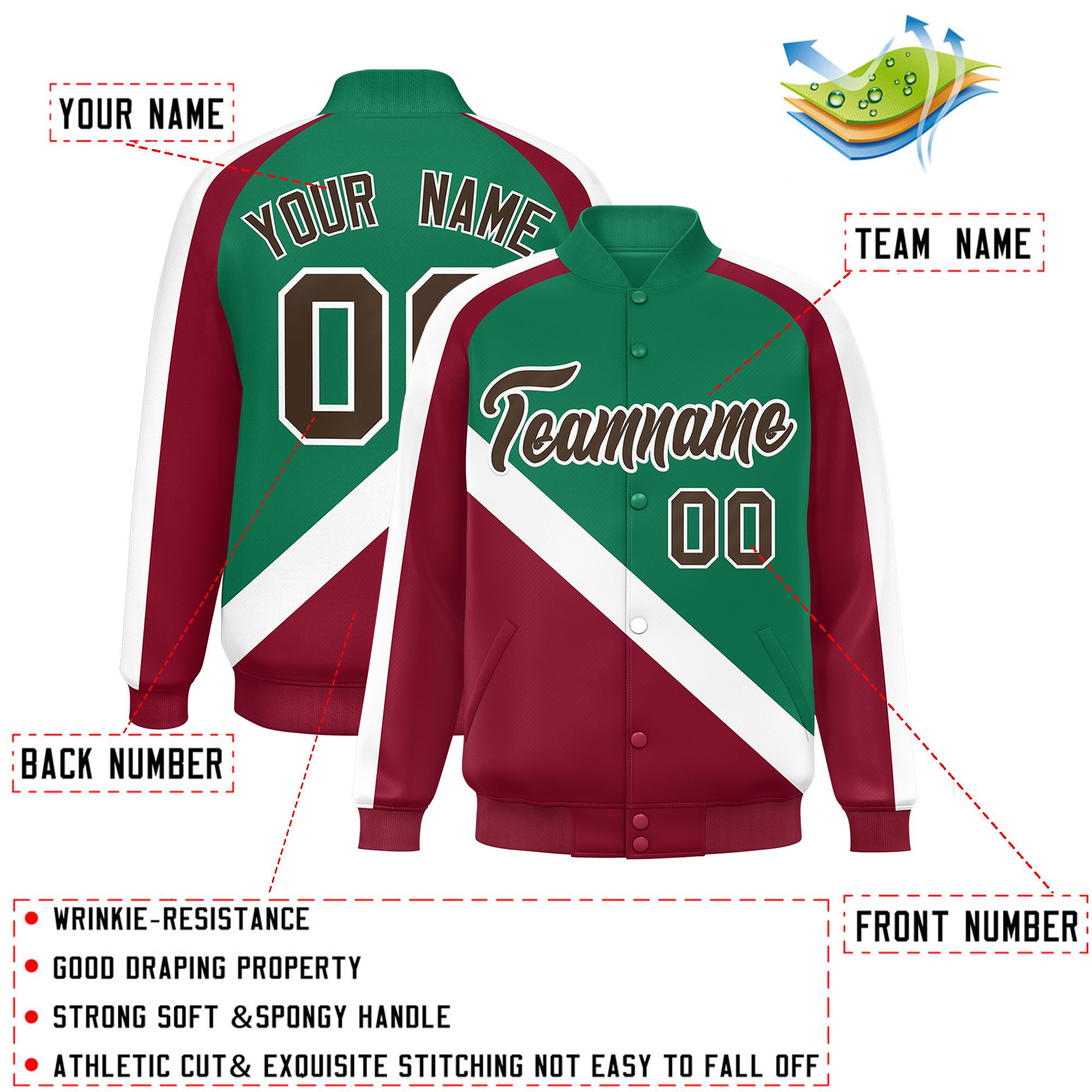 Custom Kelly Green Crimson Raglan Sleeves Varsity Full-Snap Letterman Baseball Jacket