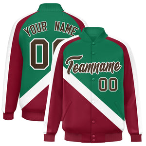 Custom Kelly Green Crimson Raglan Sleeves Varsity Full-Snap Letterman Baseball Jacket