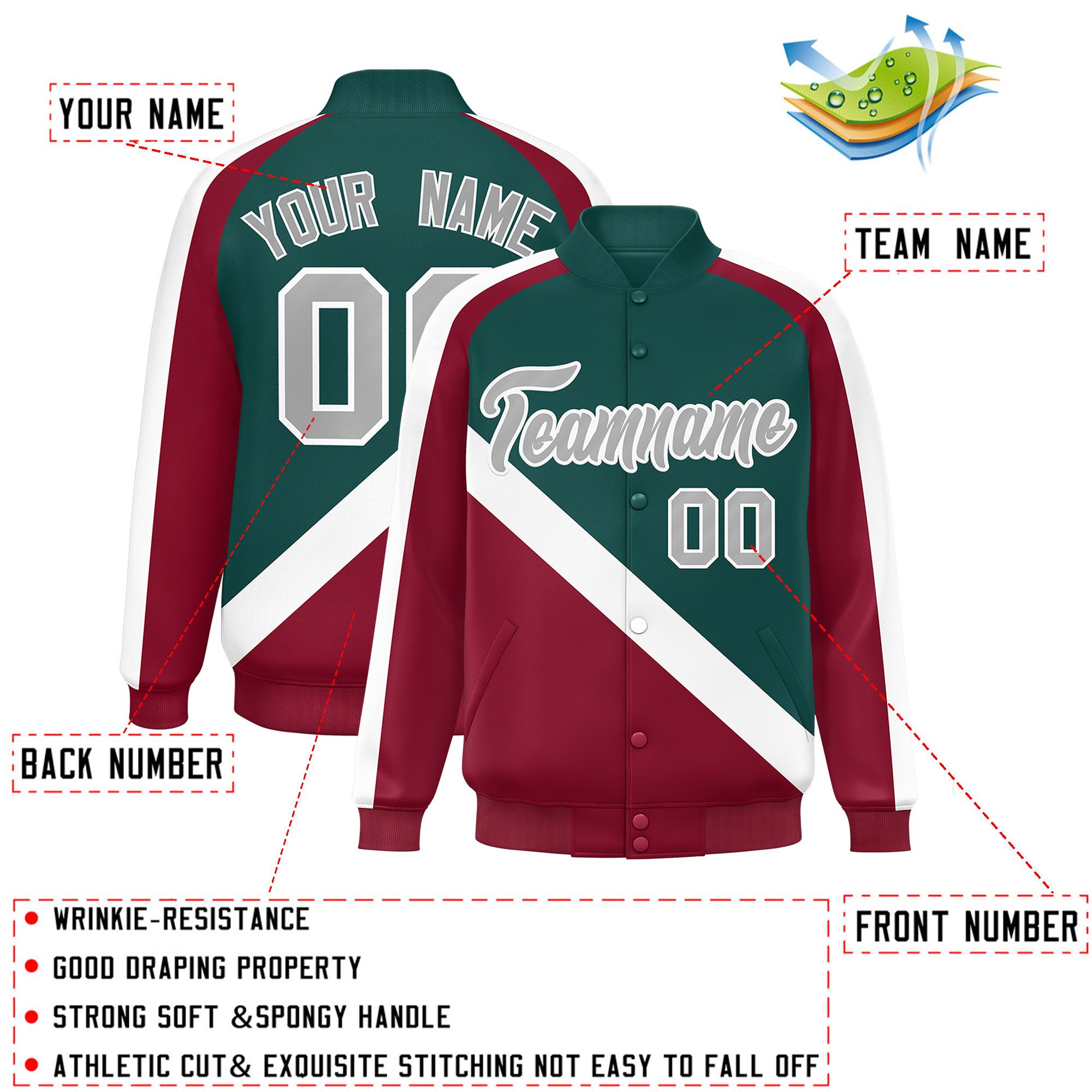 Custom Midnight Green Crimson Raglan Sleeves Varsity Full-Snap Letterman Baseball Jacket