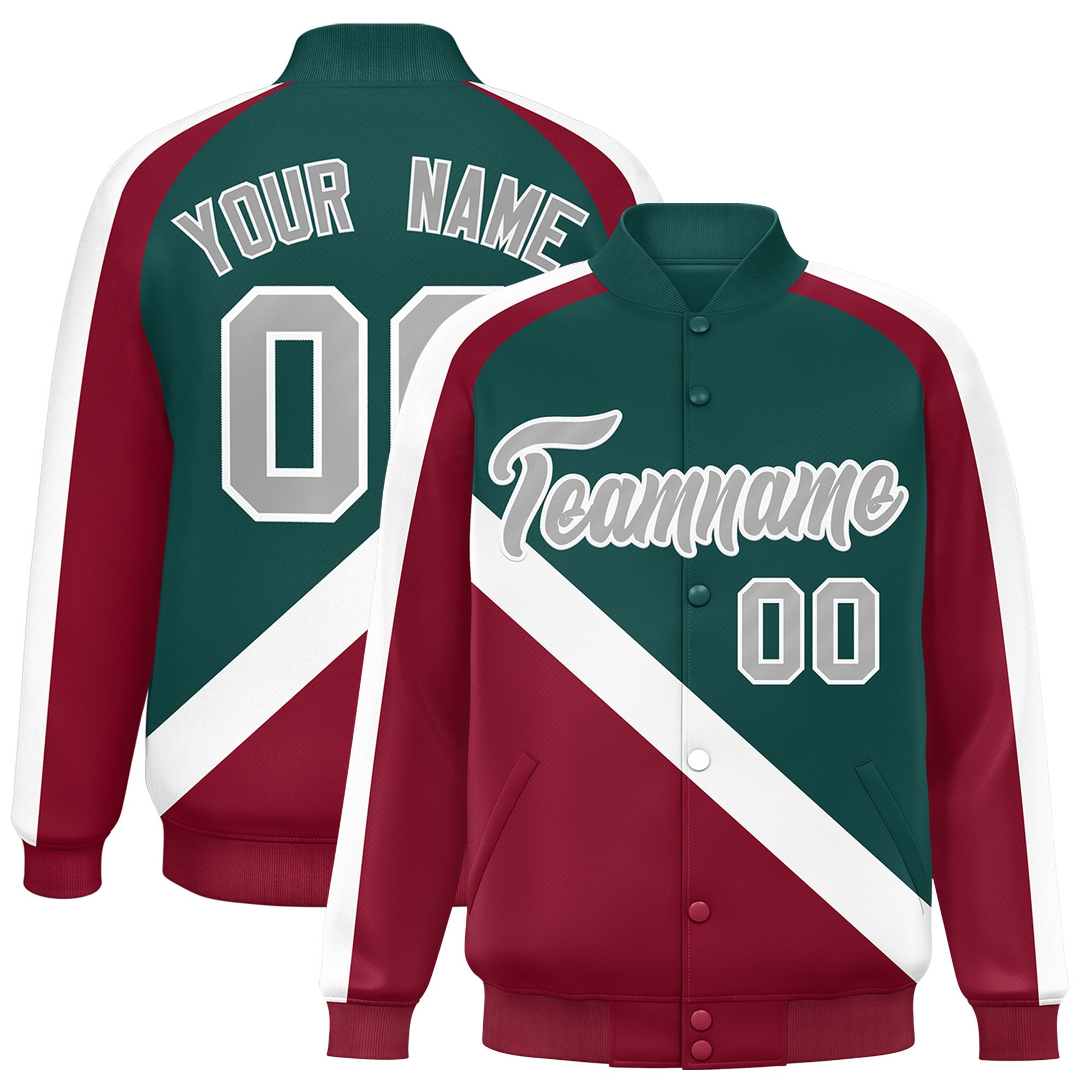 Custom Midnight Green Crimson Raglan Sleeves Varsity Full-Snap Letterman Baseball Jacket