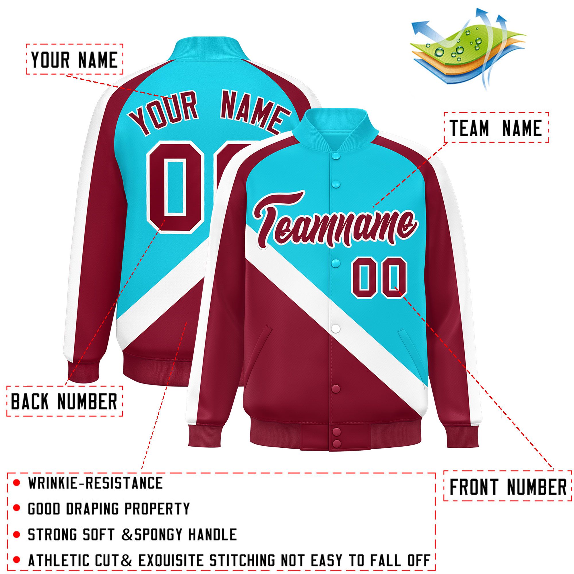 Custom Sky Blue Crimson Raglan Sleeves Varsity Full-Snap Letterman Baseball Jacket