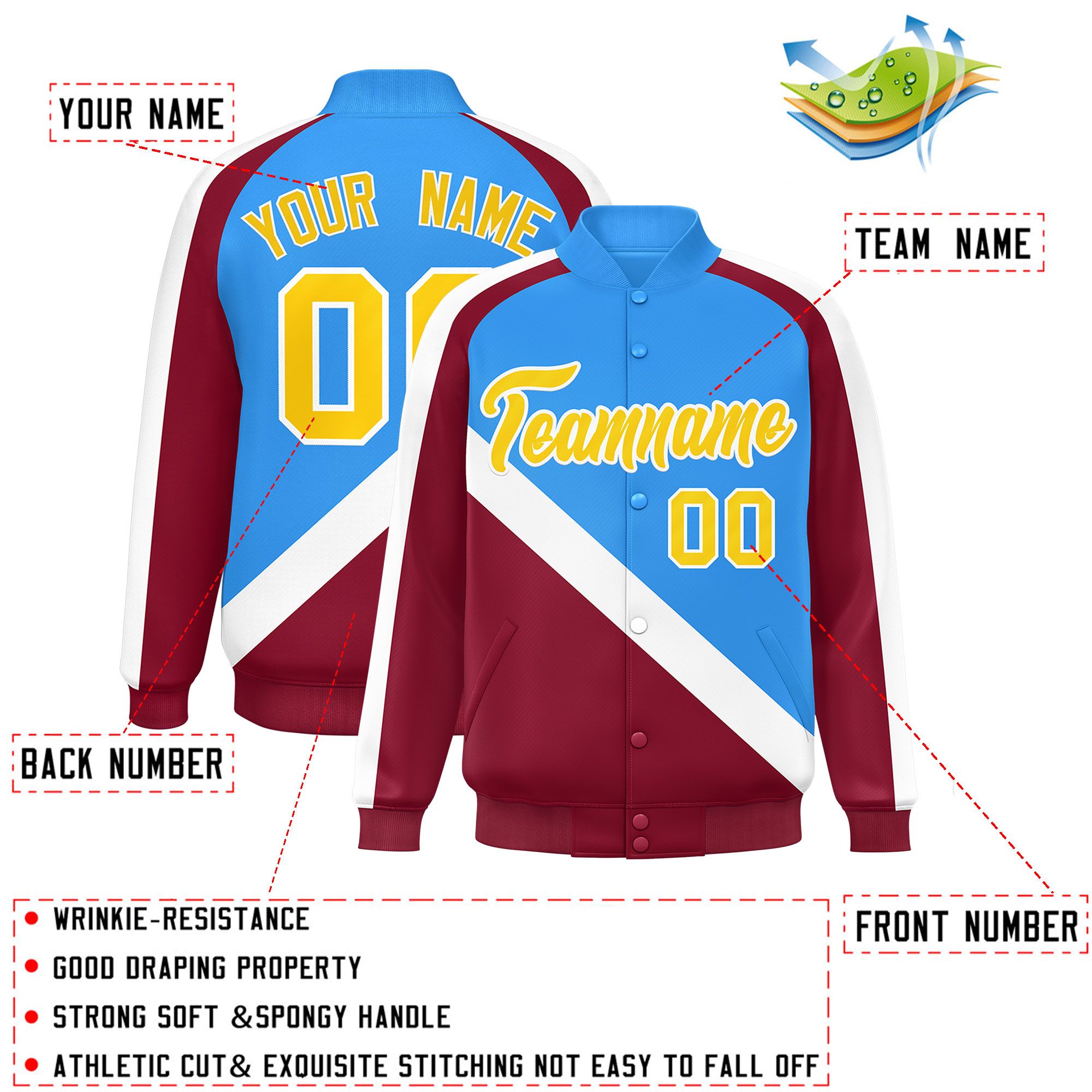 Custom Powder Blue Crimson Raglan Sleeves Varsity Full-Snap Letterman Baseball Jacket