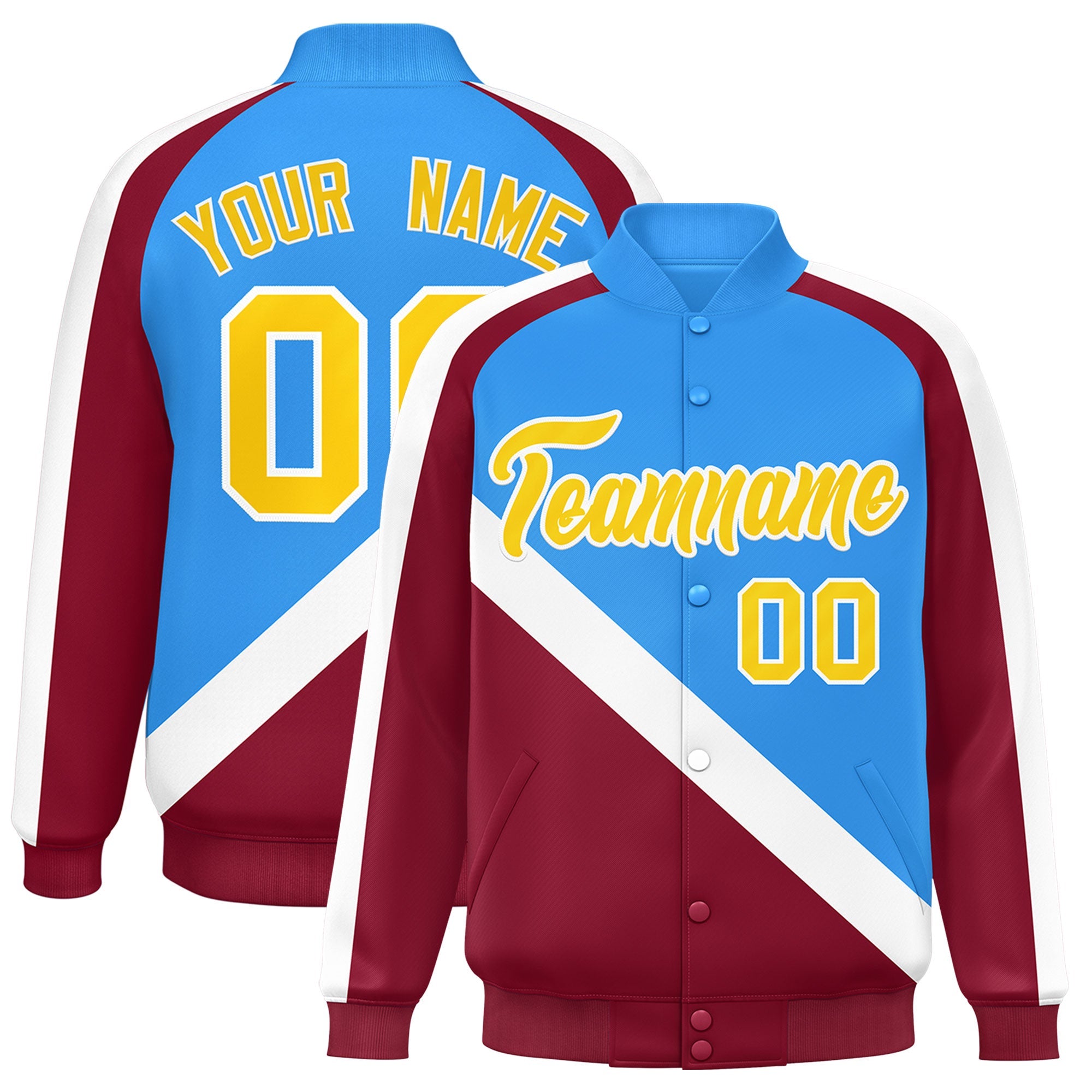 Custom Powder Blue Crimson Raglan Sleeves Varsity Full-Snap Letterman Baseball Jacket