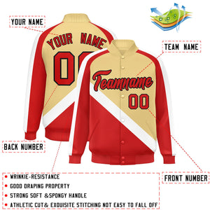 Custom Khaki Red Raglan Sleeves Varsity Full-Snap Letterman Baseball Jacket