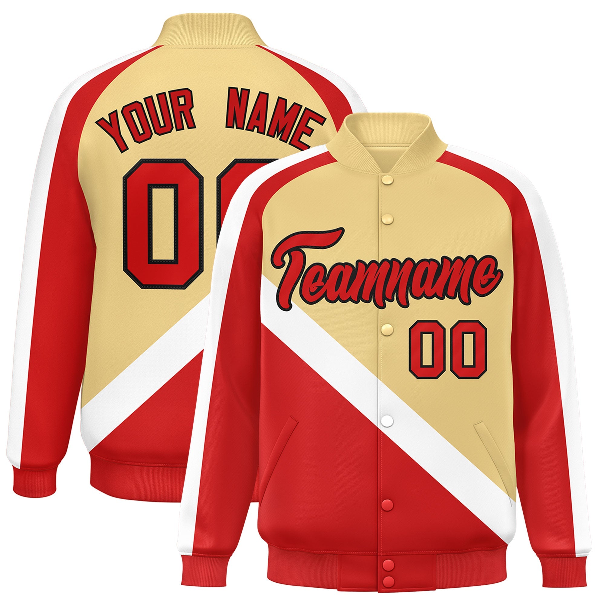 Custom Khaki Red Raglan Sleeves Varsity Full-Snap Letterman Baseball Jacket