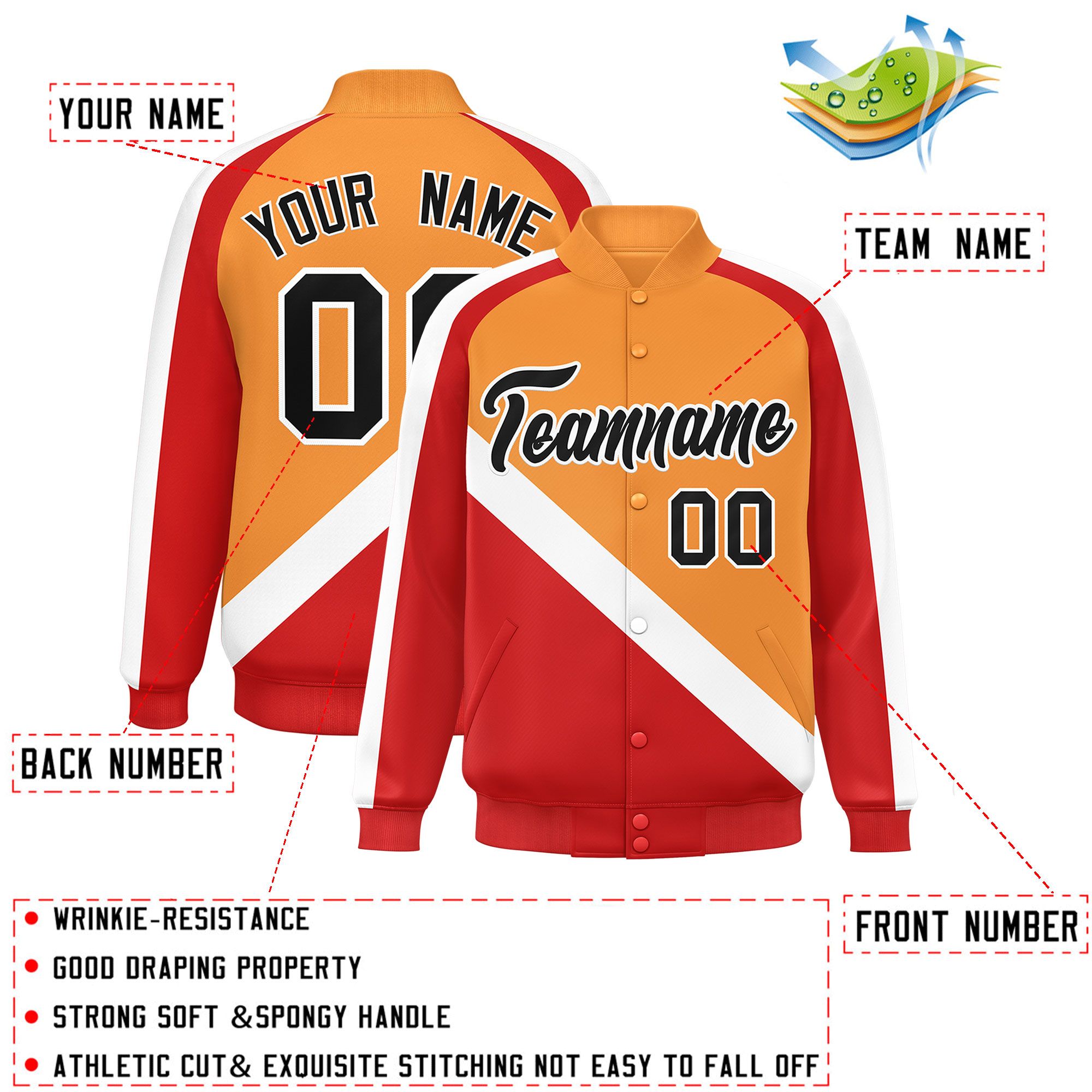 Custom Orange Red Raglan Sleeves Varsity Full-Snap Letterman Baseball Jacket