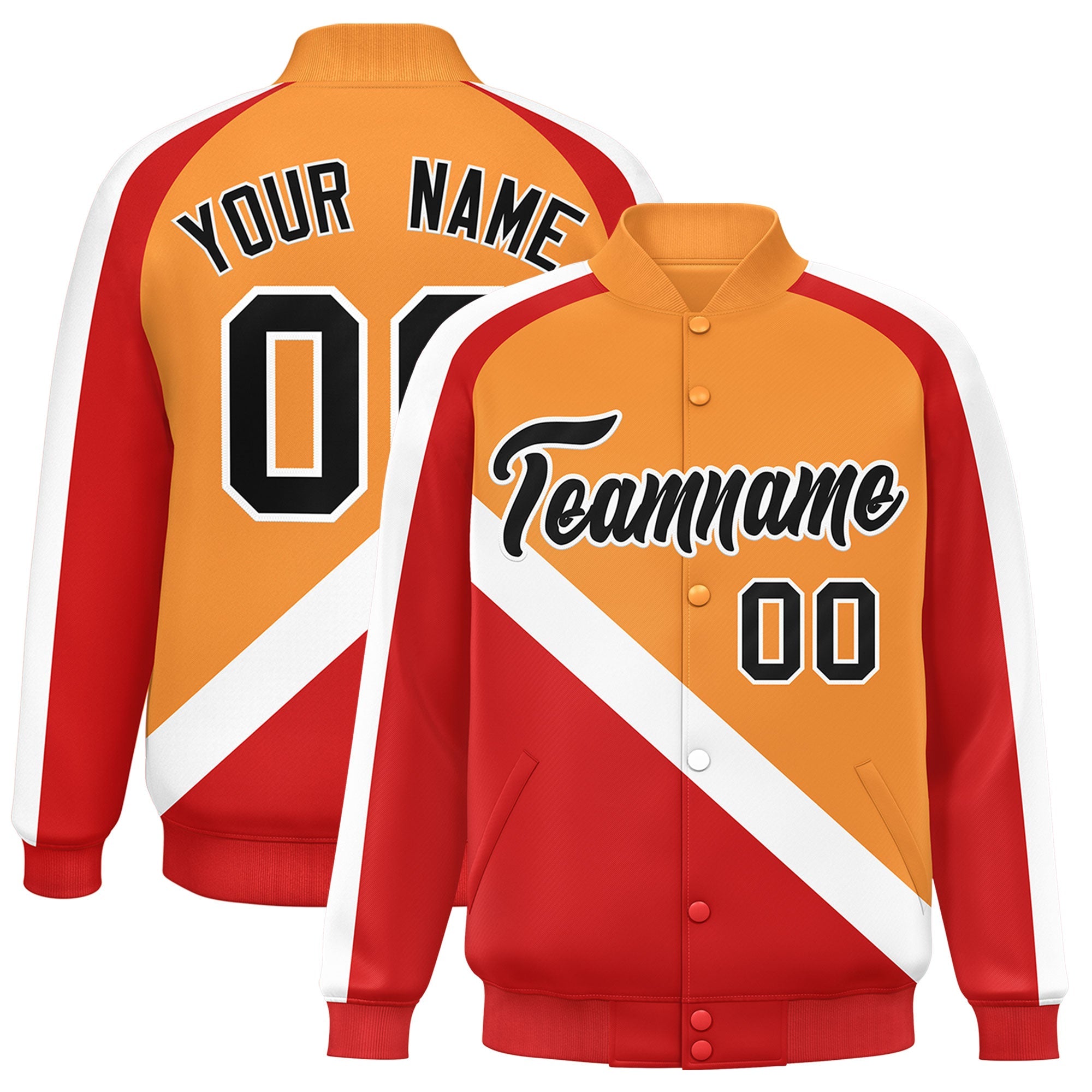 Custom Orange Red Raglan Sleeves Varsity Full-Snap Letterman Baseball Jacket