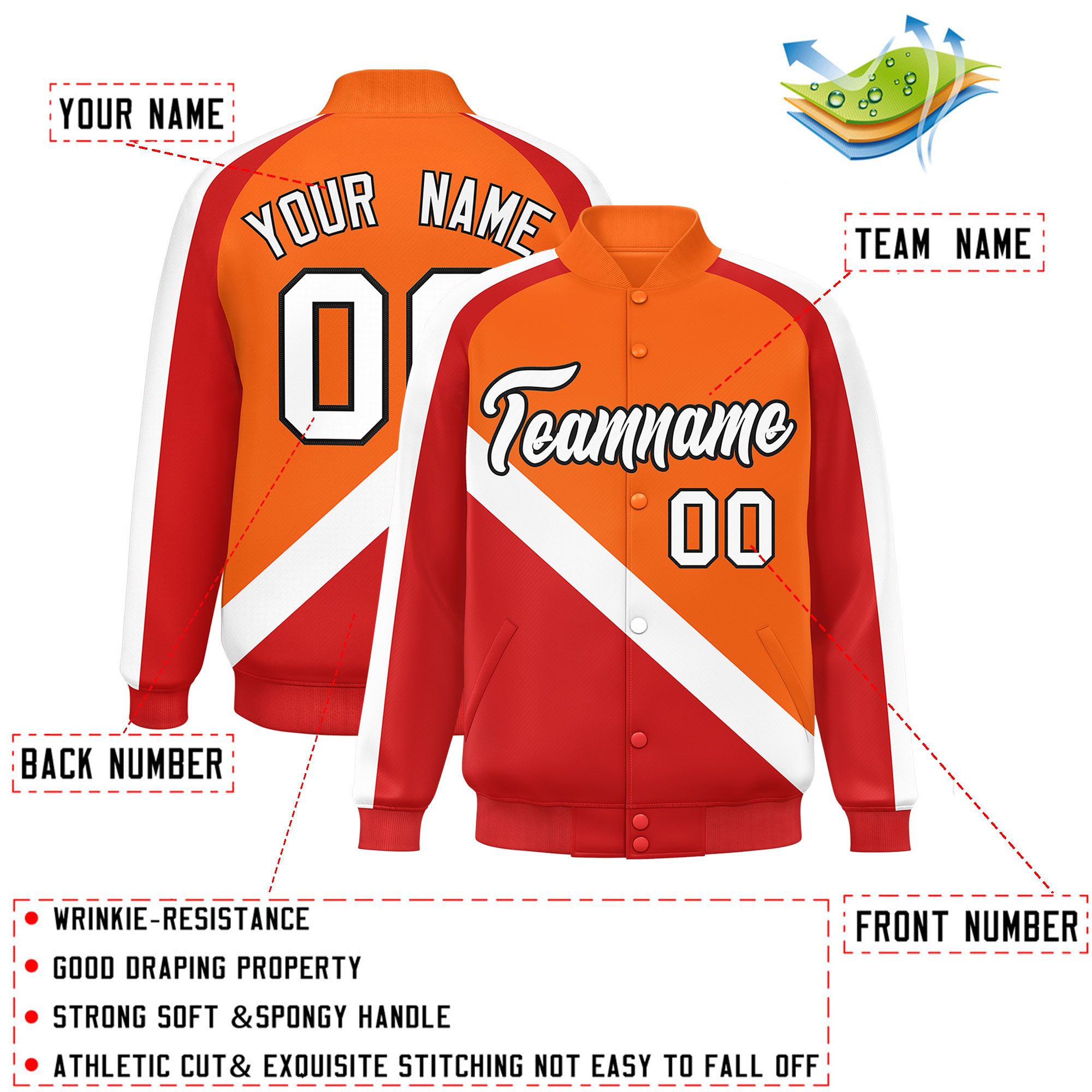 Custom Orange Red Raglan Sleeves Varsity Full-Snap Letterman Baseball Jacket