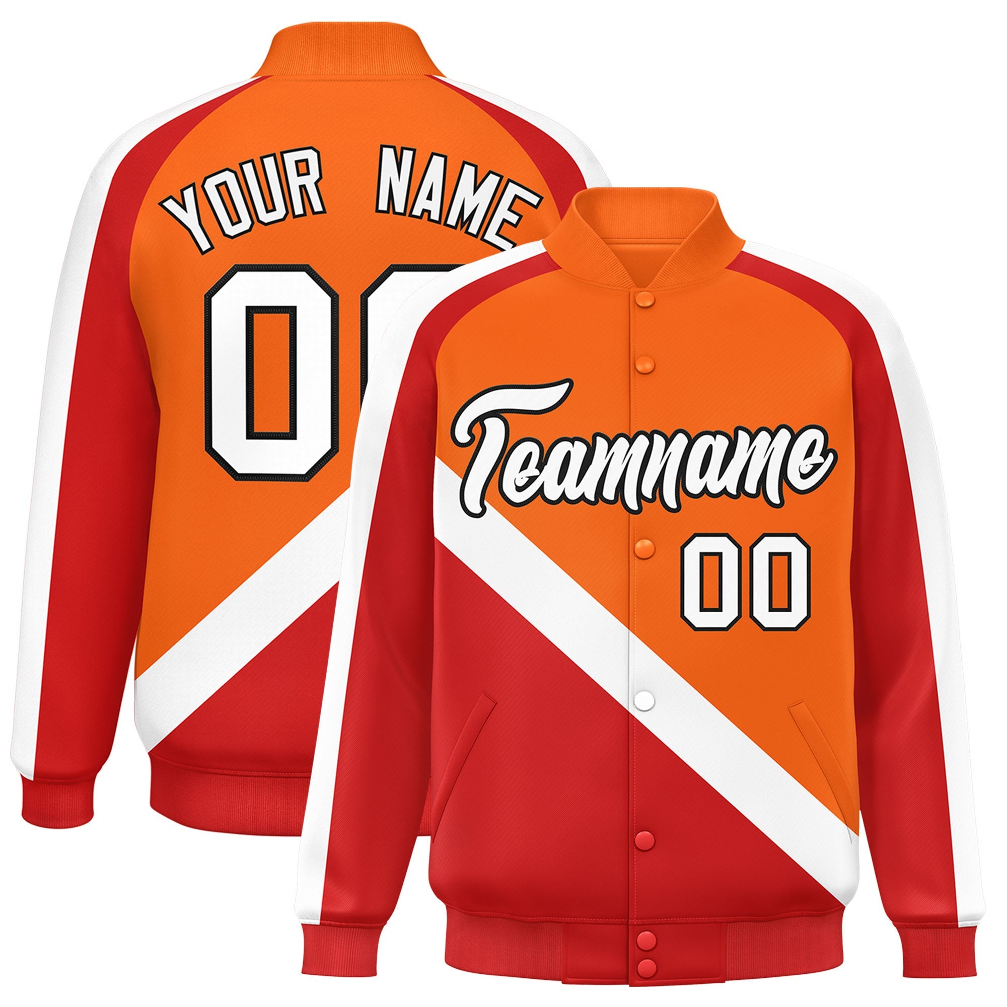 Custom Orange Red Raglan Sleeves Varsity Full-Snap Letterman Baseball Jacket