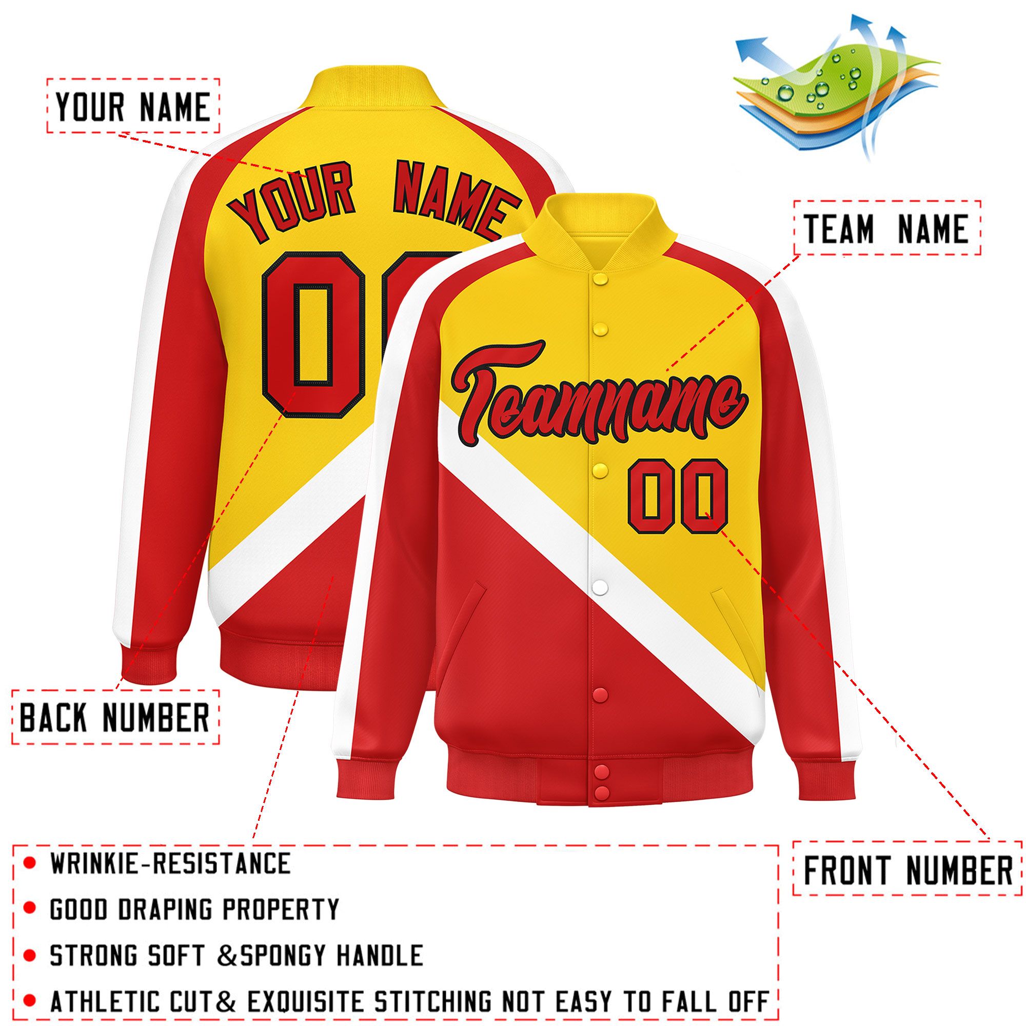 Custom Gold Red Raglan Sleeves Varsity Full-Snap Letterman Baseball Jacket