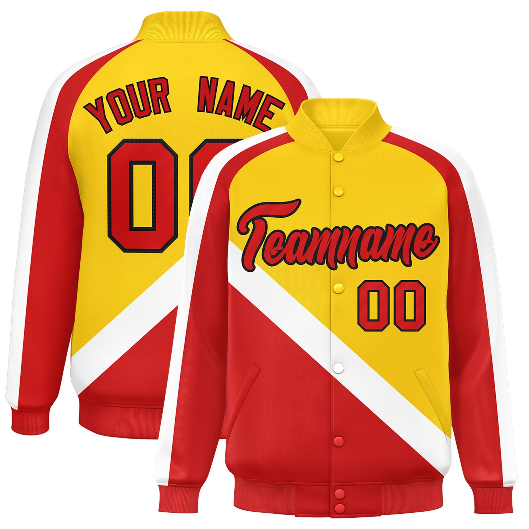 Custom Gold Red Raglan Sleeves Varsity Full-Snap Letterman Baseball Jacket