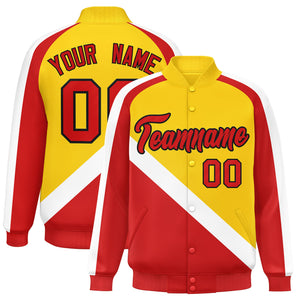 Custom Gold Red Raglan Sleeves Varsity Full-Snap Letterman Baseball Jacket