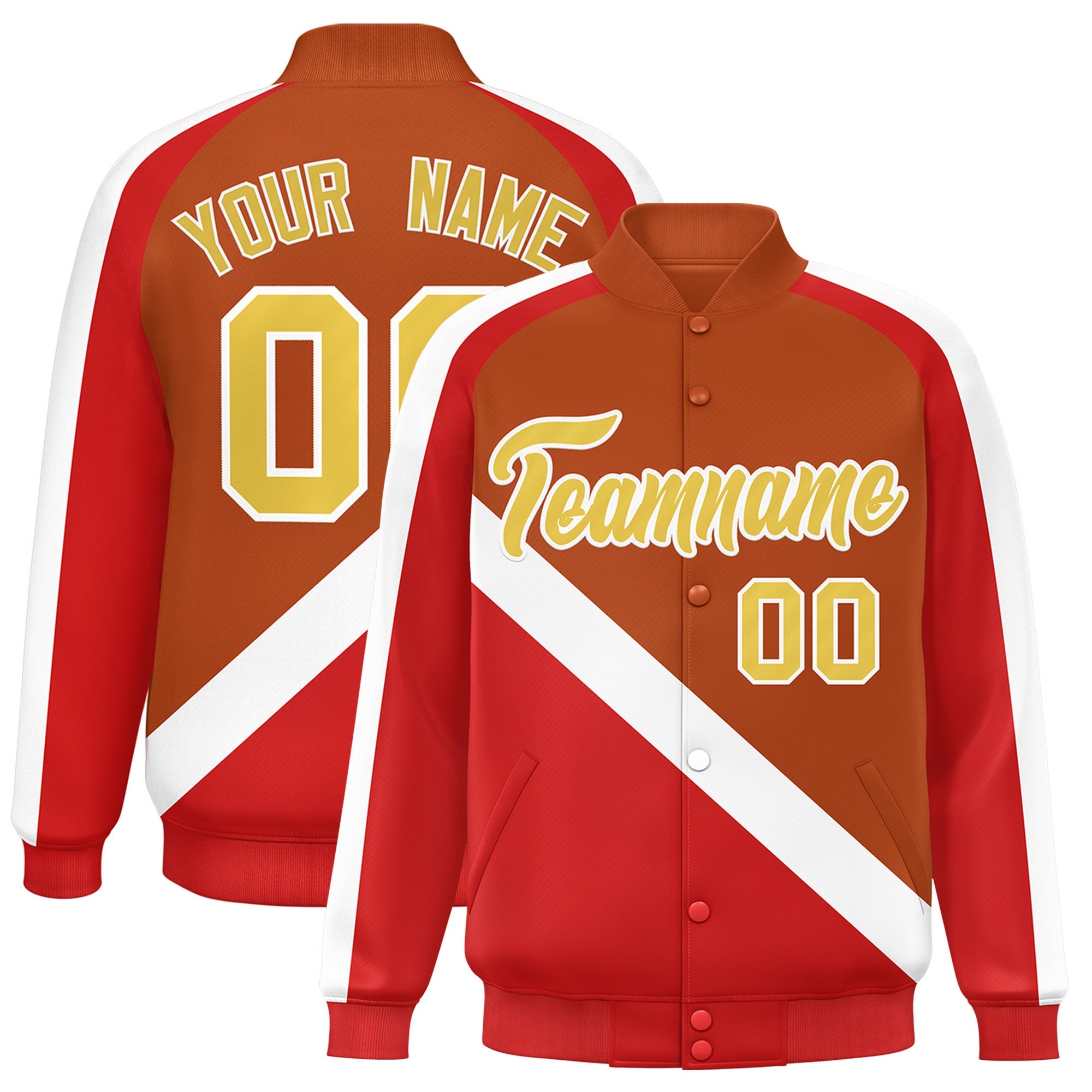 Custom Texas Orange Red Raglan Sleeves Varsity Full-Snap Letterman Baseball Jacket