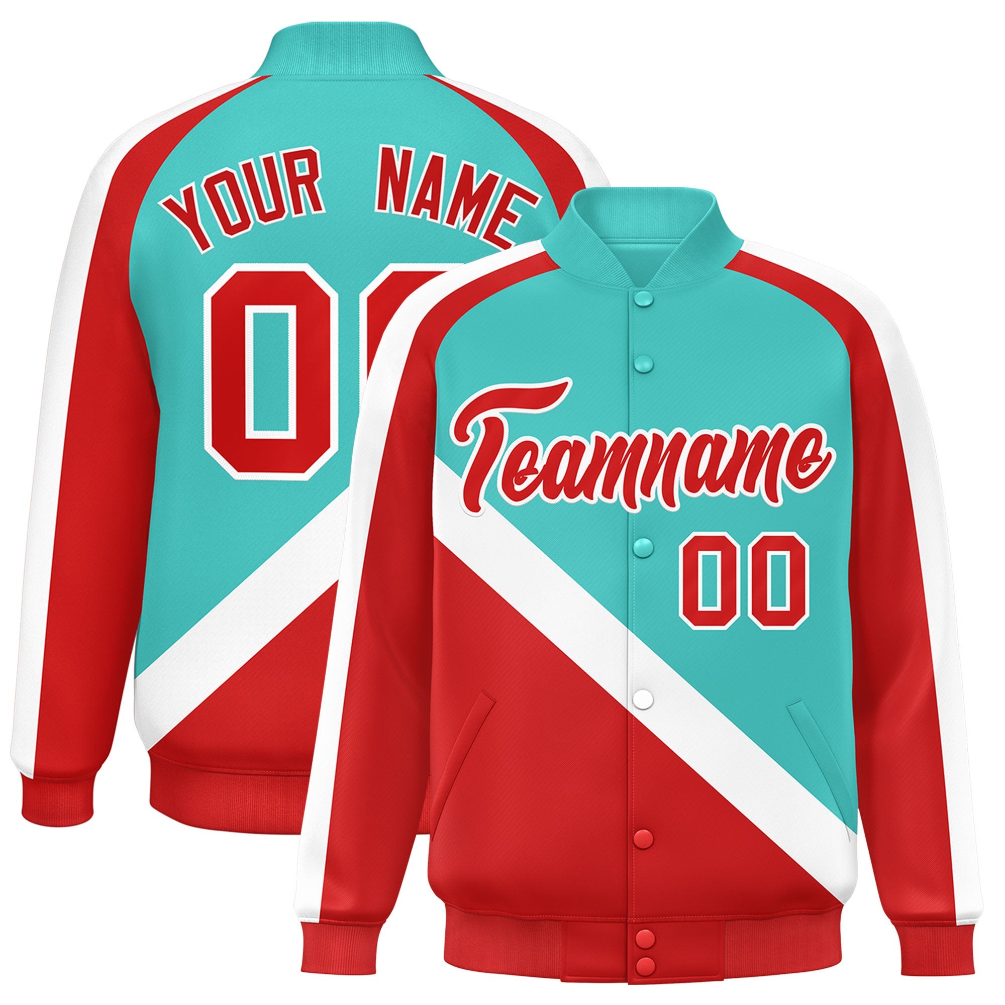 Custom Bright Green Red Raglan Sleeves Varsity Full-Snap Letterman Baseball Jacket